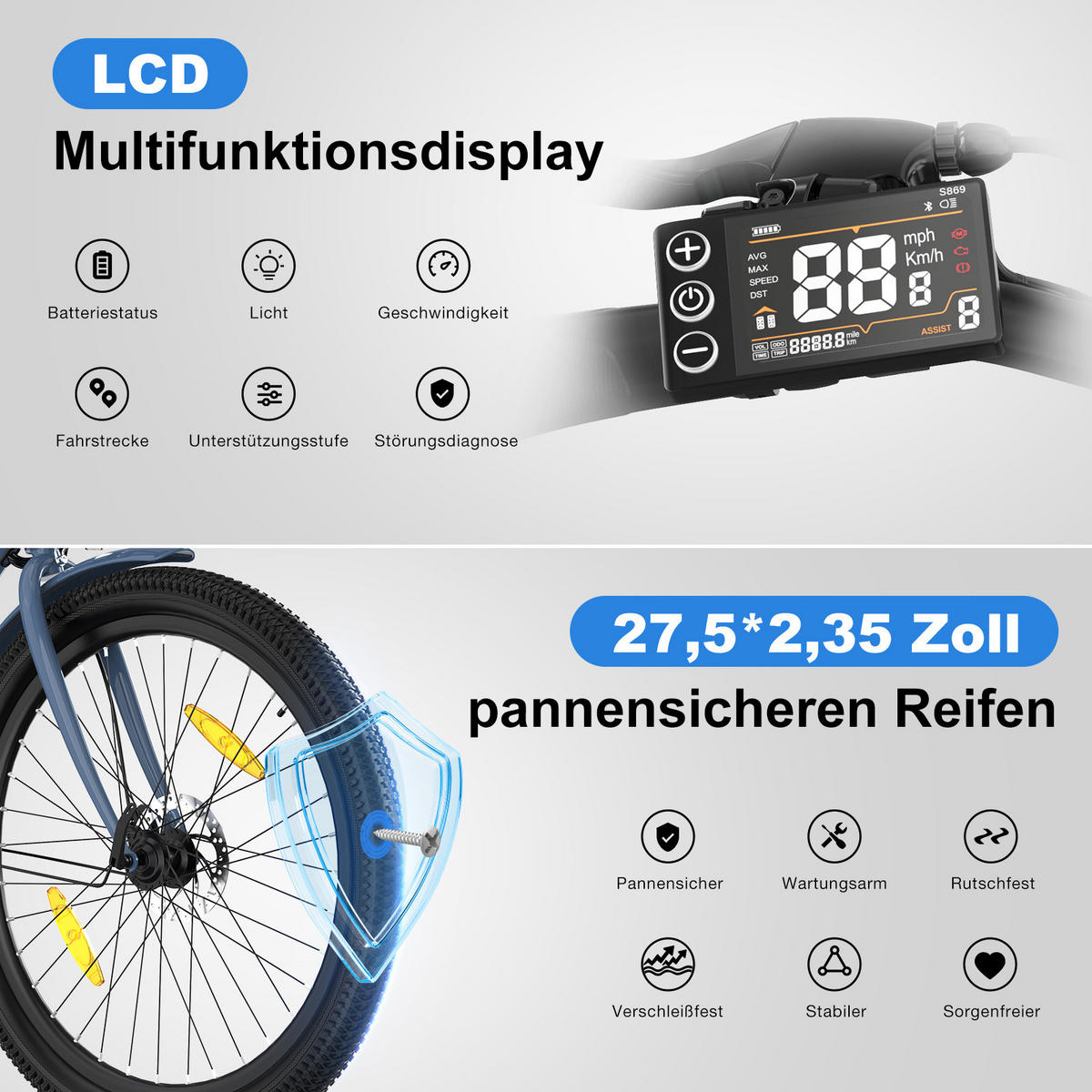ELEKTROFAHRRAD BK8SL 27,5 Zoll mit LCD-Display ,maximale Reichweite 100 km - Blau, Metall (76cm) - COLORWAY
