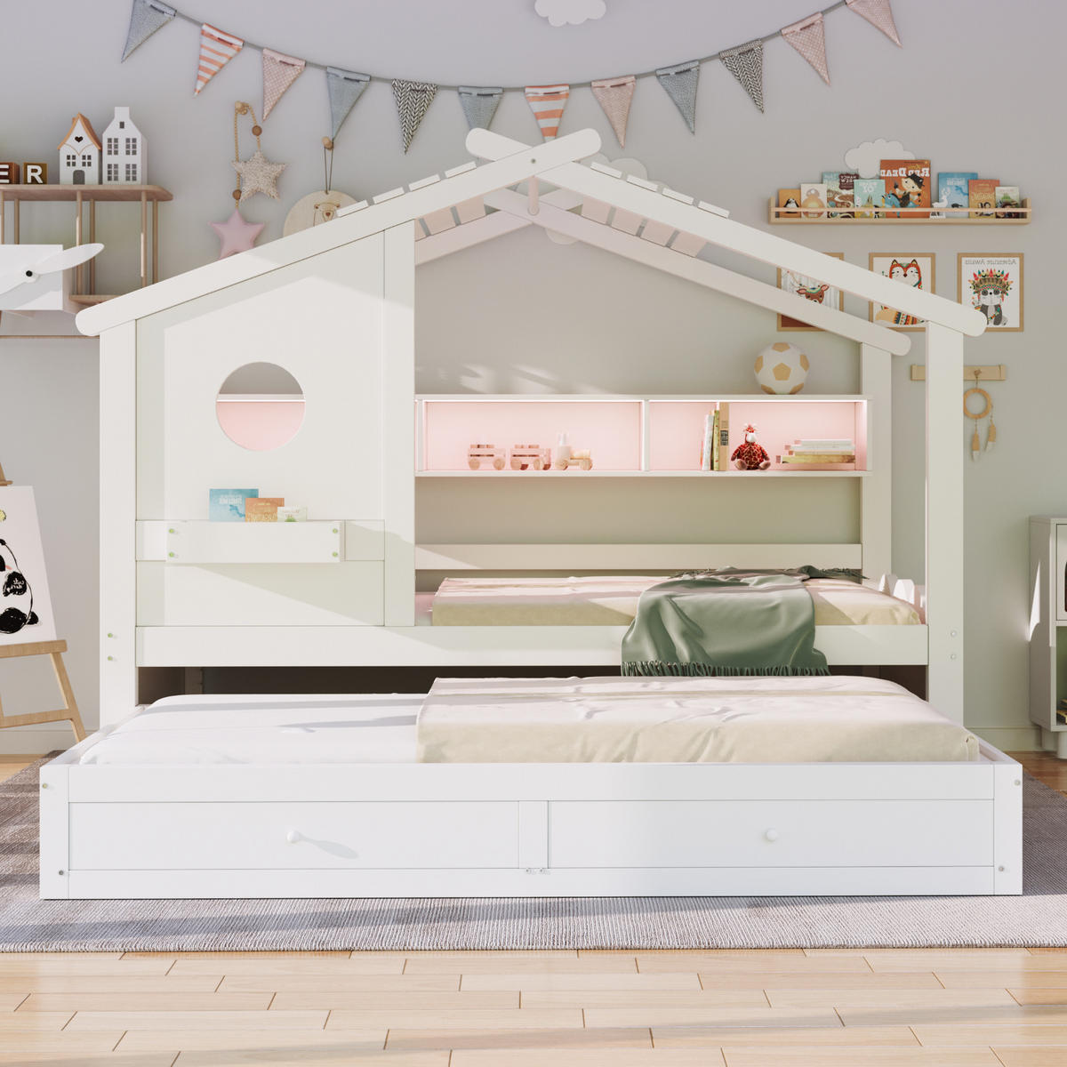 KINDERBETT 90x200 cm Rollbett LED weiß - Weiß, Holz (90/200cm) - LEBENLANG