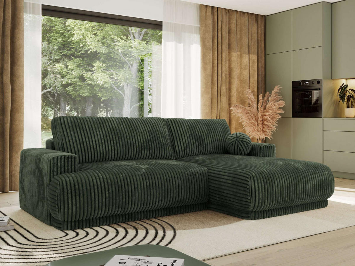 ECKSCHLAFSOFA RINA L Dunkelgrün Cord - rechts - Dunkelgrün/Schwarz, Kunststoff/Textil (170/267cm) - MKS