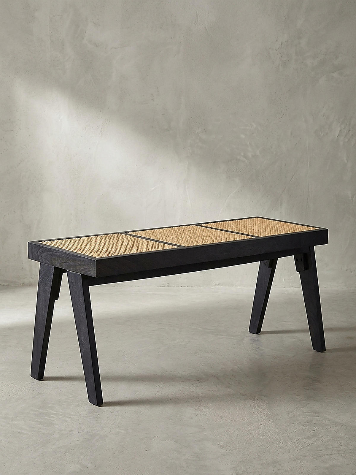 SITZBANK SILVES, Rattan, Schwarz-Natur, 120 x 38 x 48 cm - Beige/Schwarz, Akazienholz/Naturmaterialien (120/48/38cm) - KADIMA DESIGN