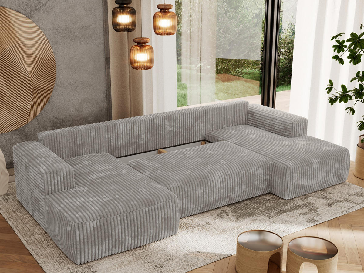 WOHNLANDSCHAFT TRENTINO U Hellgrau Cord - Hellgrau, Textil (334/91/163cm) - MKS