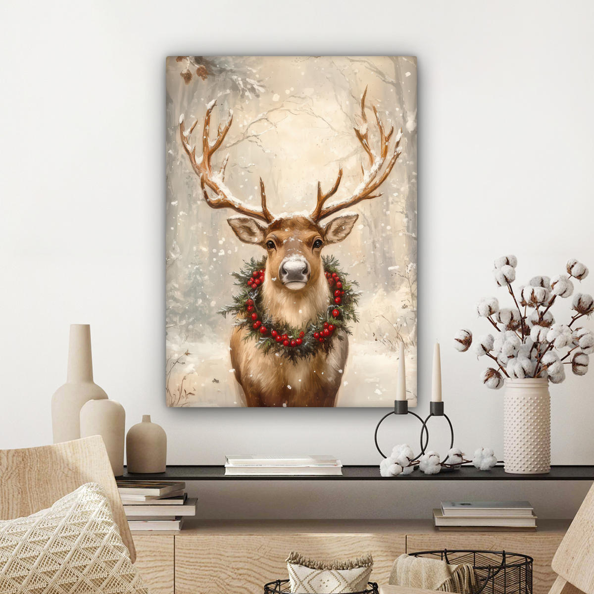 OBRAZ NA PLÁTNĚ Vánoce - sobi - zima - věnec 60x80 cm - hnědá, textil (60/80cm) - MuchoWow