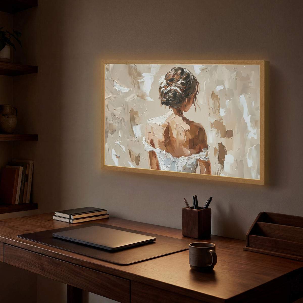 NÁSTĚNNÁ LAMPA S AKUMULÁTOREM Žena - malba - abstraktní - béžová - moderní 60x40 cm - světle hnědá, kompozitní dřevo (60/40/8cm) - OnlyWow