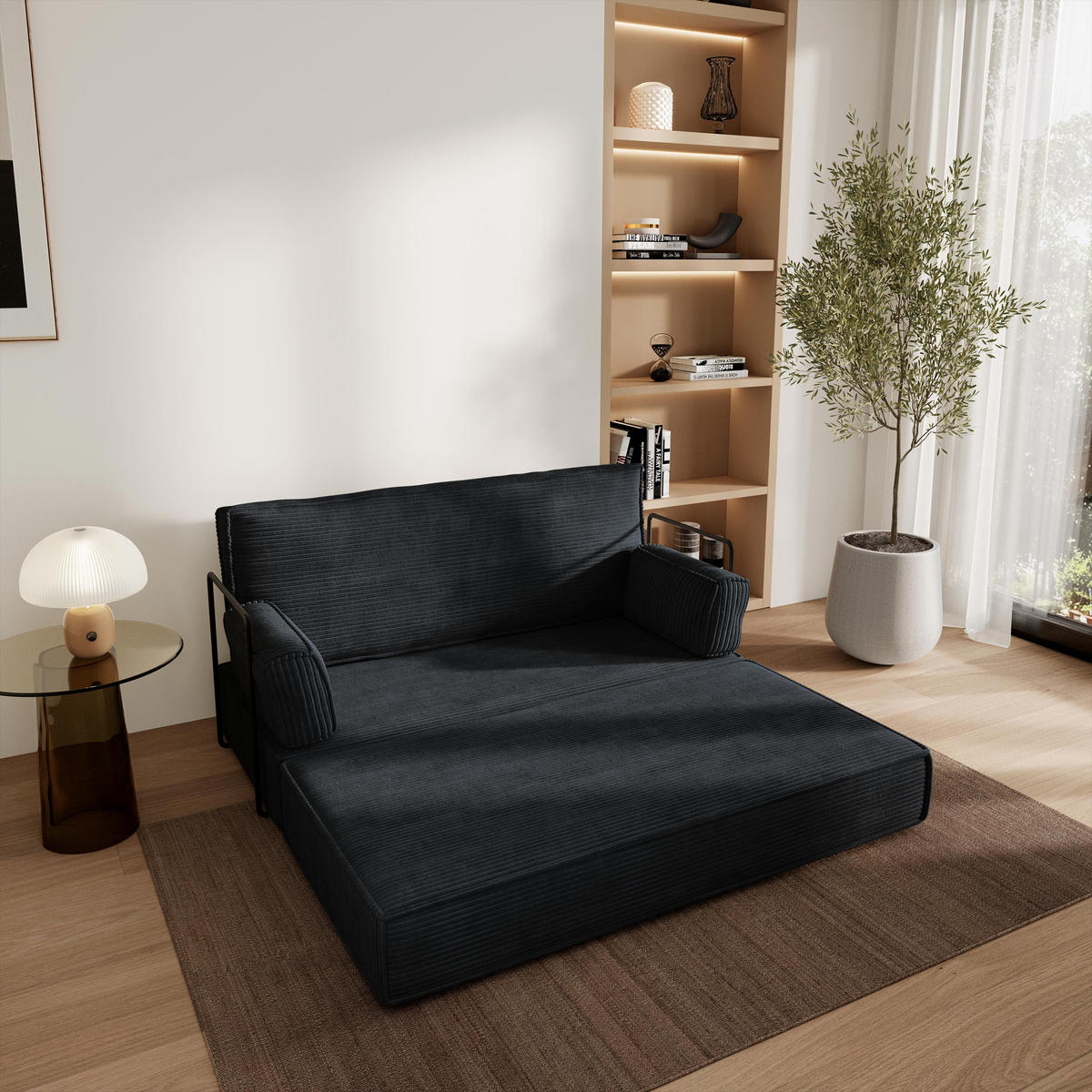 POHOVKA z pěny LADIA s kovovým rámem Manšestrová látka Černá - černá, textil (140/86/60cm) - MASSENO