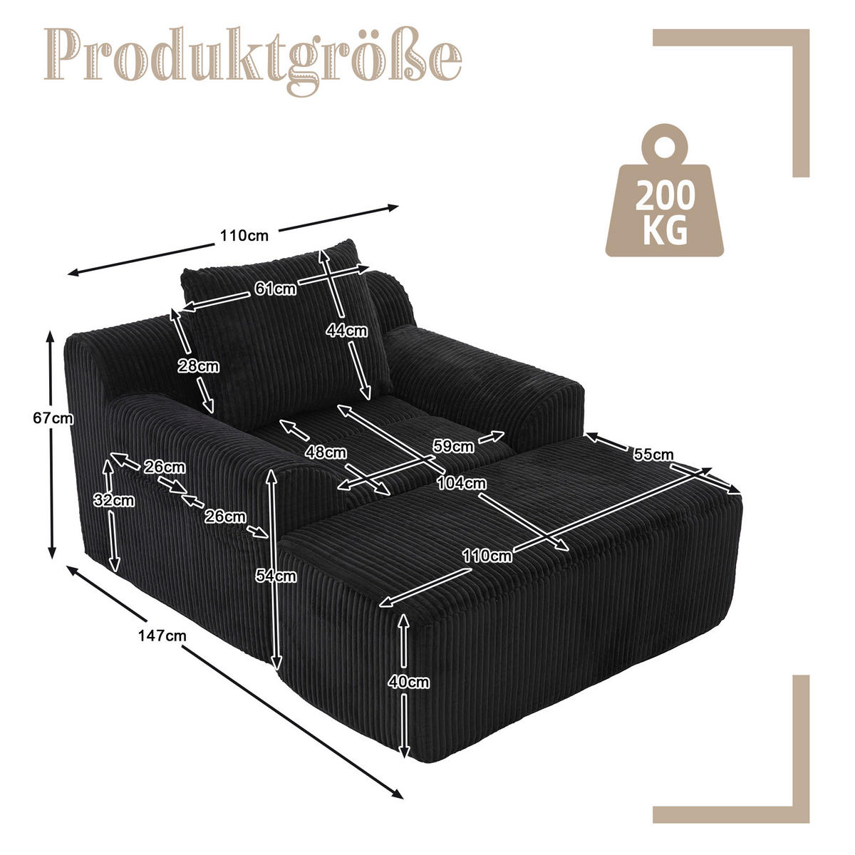 RELAXSESSELSET Übergroßer Loungesesselmit Fußhocker,Cord,Schwarz - Schwarz, Textil (110/87/147cm) - LVHOM