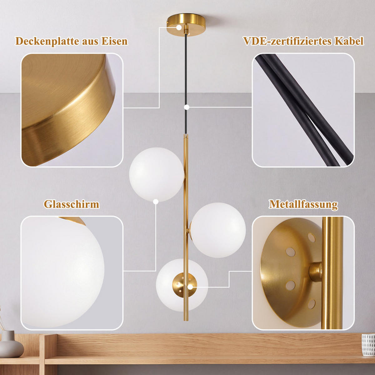 PENDELLEUCHTE Flynt II 34.5x34.5x150cm - Goldfarben, Metall (34.5/34.5/150cm) - Nettlife