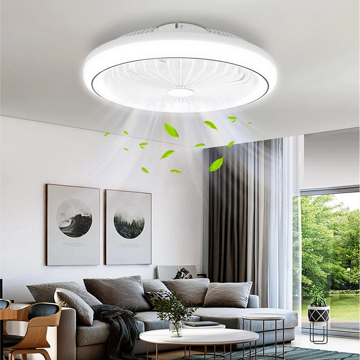 DECKENLEUCHTE mit Ventilator 2er-Set 47cm, blattlosem Design, Fernbedienung, einstellbare Helligkeit - Weiß, Kunststoff (47/47/14cm) - Kaket