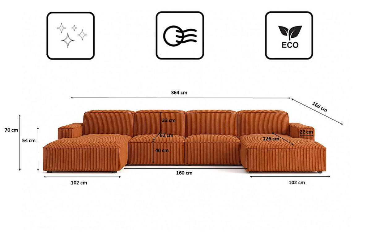 ECKSOFA Cursal U-Form, Stoff Poso, Kupfer - Orange, Holz (364/166cm) - Kaiser Möbel