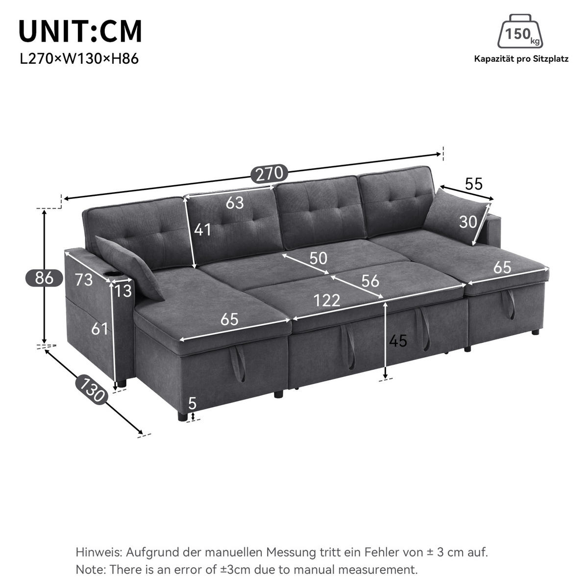 SCHLAFSOFA U-Form, Baumwolle-Leinen mit Stauraum & Getränkehaltern, 270/130/86 cm, Grau - Grau, Textil (130/86/270cm) - Redom