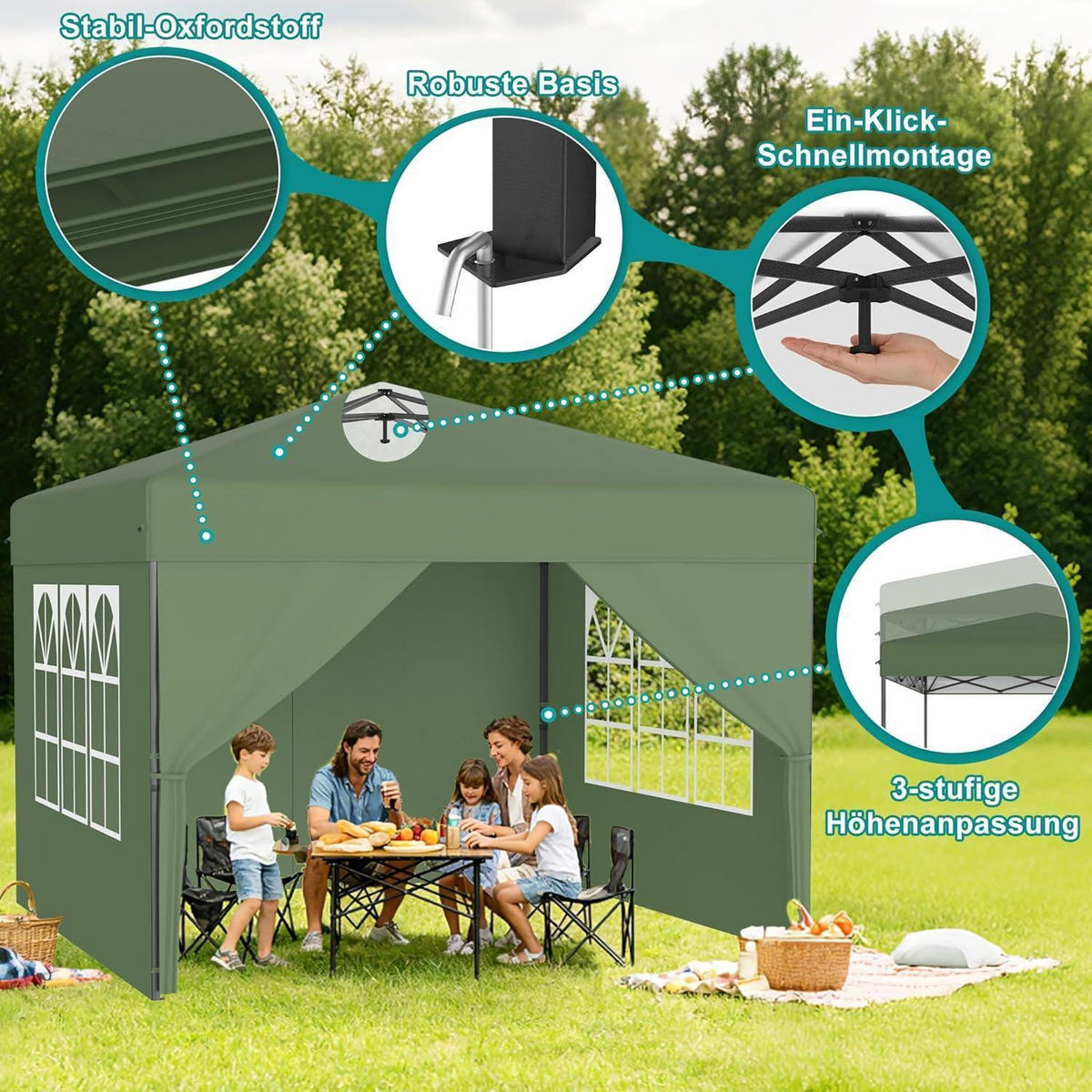 FALTPAVILLON 3x3 m mit Seitenwänden Grün - Grün, Textil (300/260/300cm)