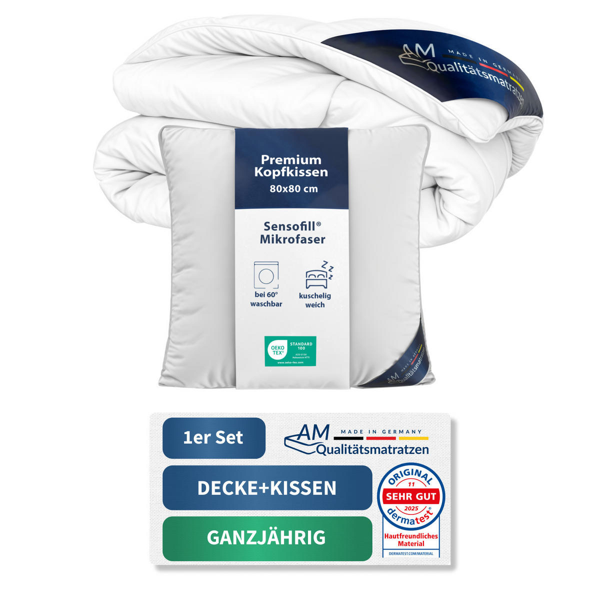 BETTWAREN SET Daunen Ganzjahr 220/240cm, Kissen 80/80 cm - Weiß, Textil (220/240cm) - AM Qualitätsmatratzen