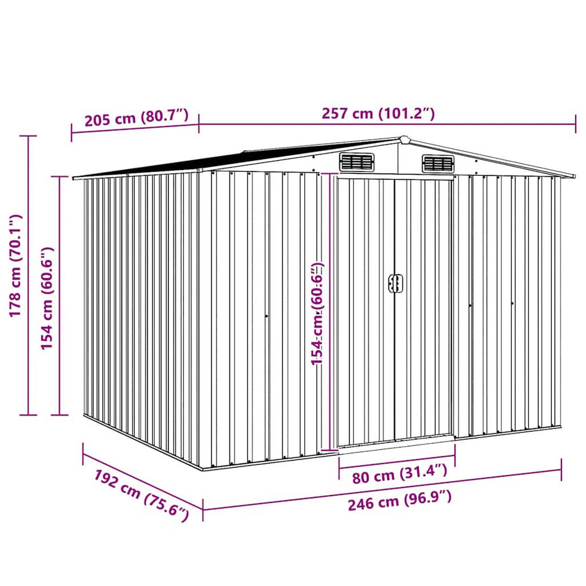 GARTENSCHUPPEN Grau Metall 257/205/178 Cm - Grau, Metall (205/178/257cm) - vidaXL