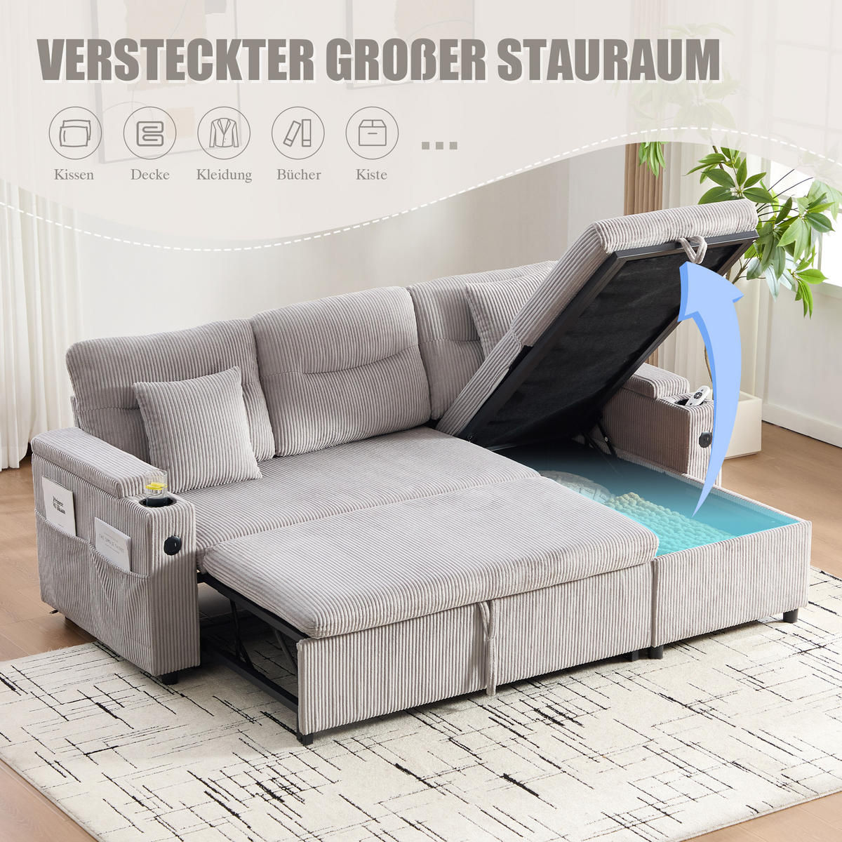 ECKSCHLAFSOFA 3-Sitzer Cord mit Schubladenbett und USB-Anschluss Hellgrau 212,5/136/86 cm - Hellgrau, Textil (136/212.5cm) - Redom
