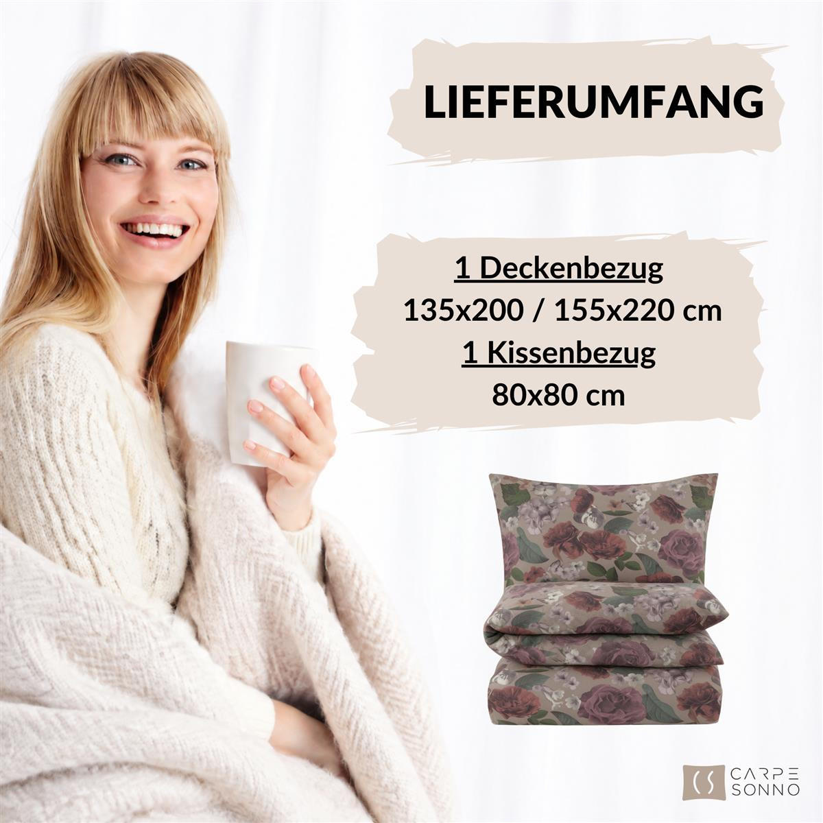 BIBER-BETTWÄSCHE 135x200 - Kuschelig warmer Flanell Bettbezug aus 100% Baumwolle für Herbst & Winter - Rosen Muster - Braun, Textil (135/200cm) - Carpe Sonno
