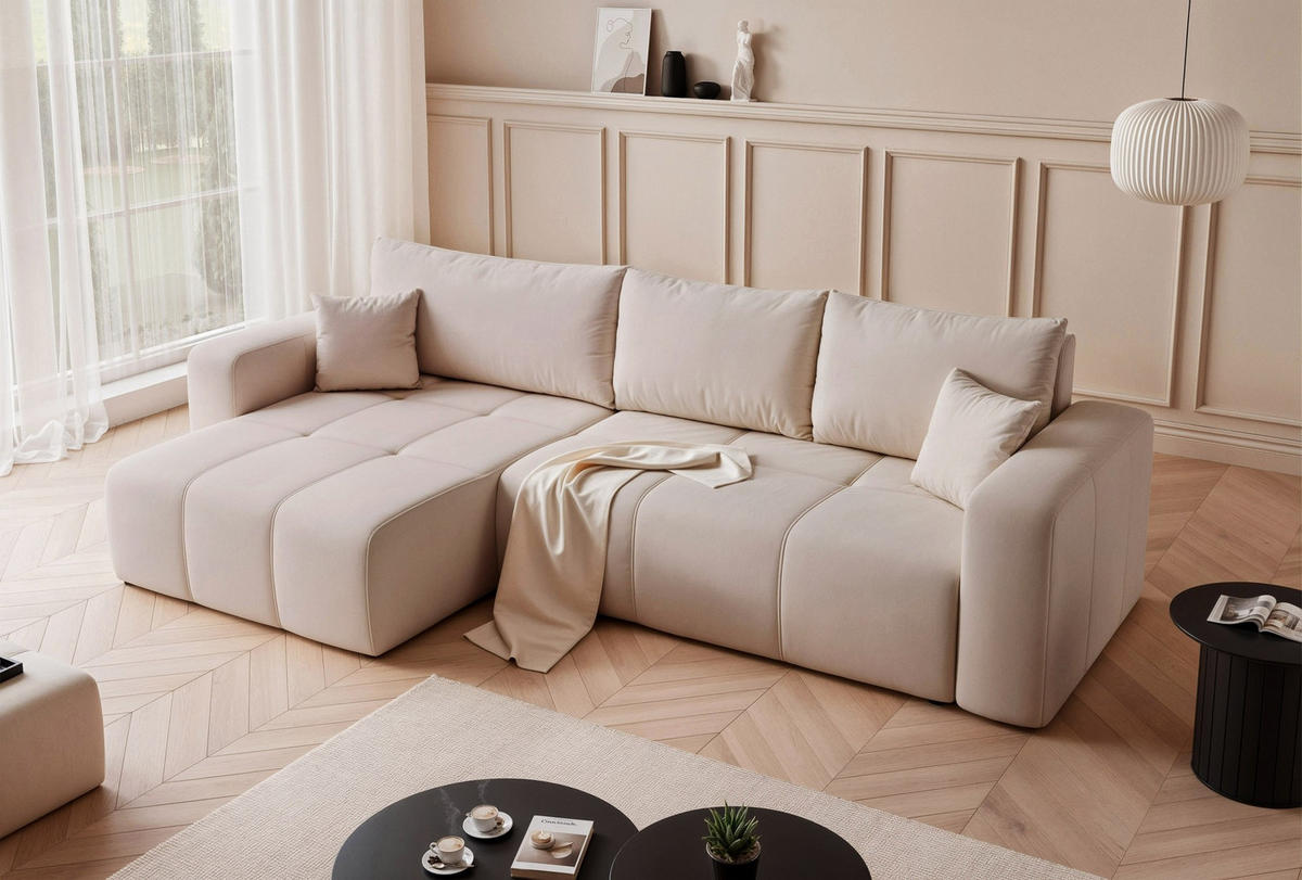 ECKSOFA XL Velours mit Bettkasten und Schlaffunktion - Beige, Holzwerkstoff/Textil (278/145cm) - Idohome