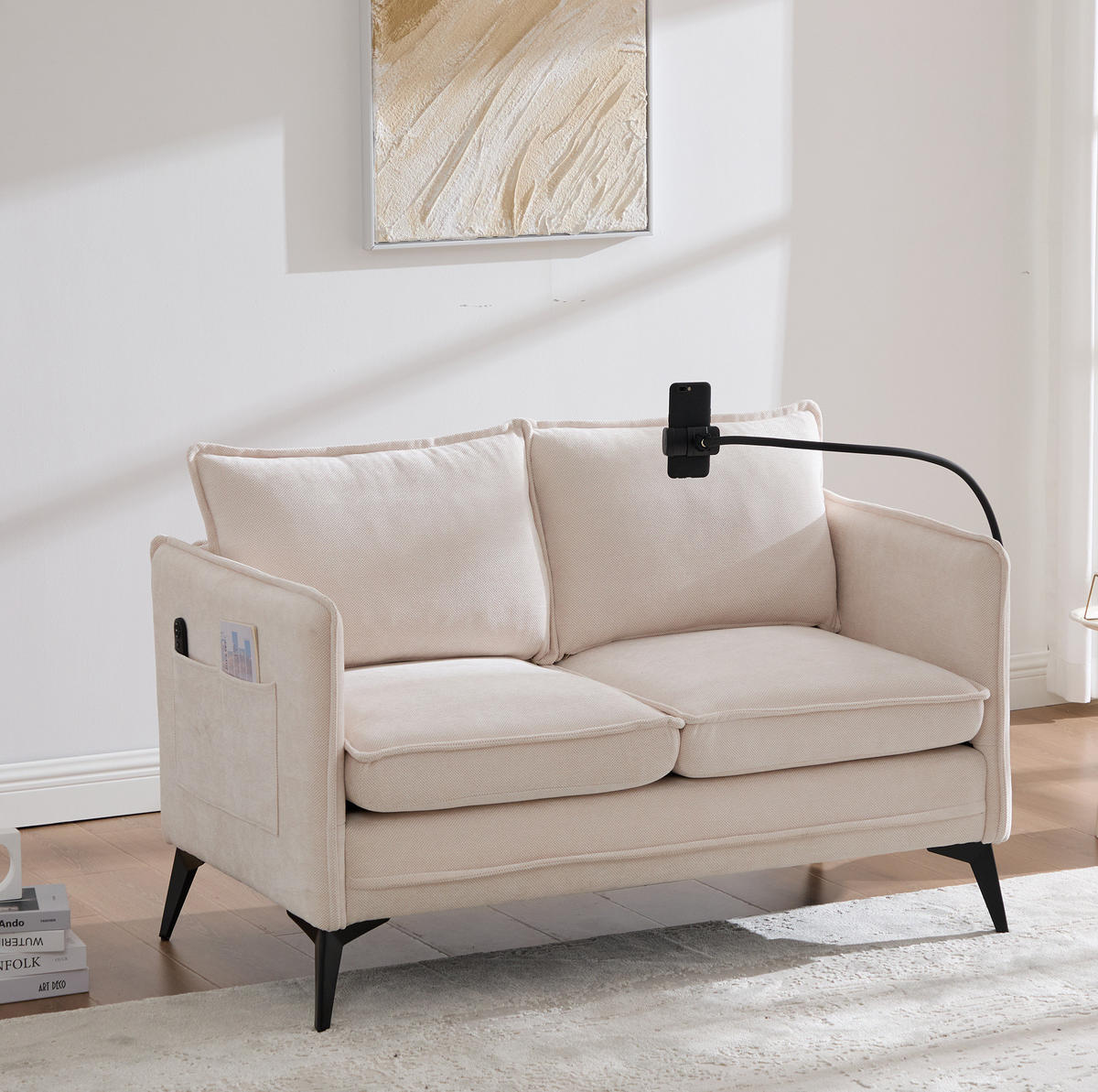 2-SITZER-SOFA aus Chenille 69x127x66 cm Beige mit Handyhalter und Seitentaschen - Beige, Textil (69/66/127cm) - Modfu