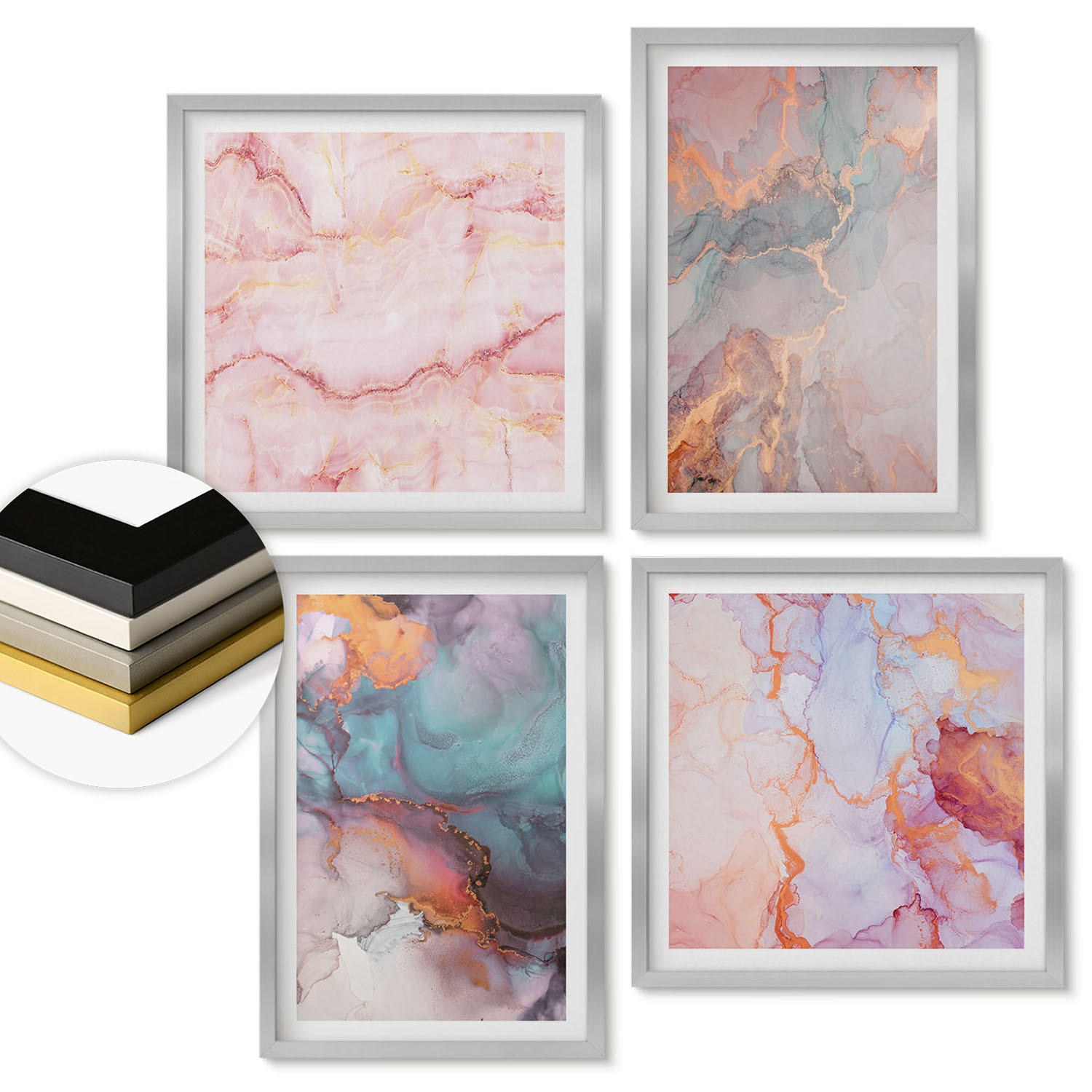 WANDBILDER 4er Set - 50x50 cm & 40x60 cm Silberner Rahmen - Abstrakte Pastellmuster - Silberfarben, Kunststoff (50/50cm) - ArtPrintCave