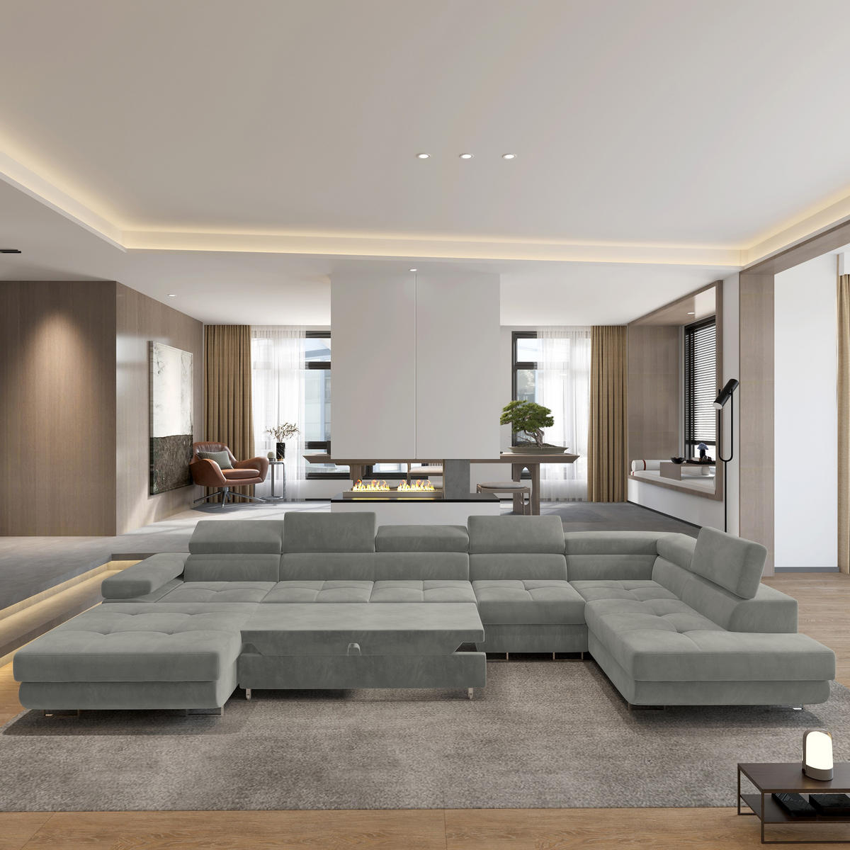 WOHNLANDSCHAFT VELORA R-S Hellgrau Velours-Stoff mit Schlaffunktion - Hellgrau, Holz (419/90/202cm) - MASSENO