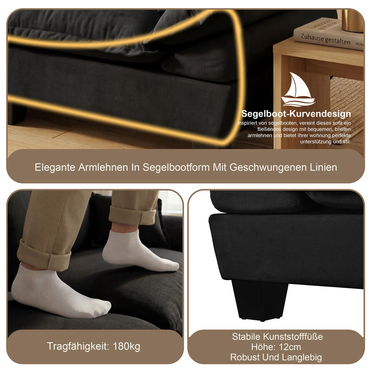 ECKSOFA 263/151/90 cm schwarz aus Chenille mit Ottomane - Schwarz, Textil (151/263cm) - OKWISH