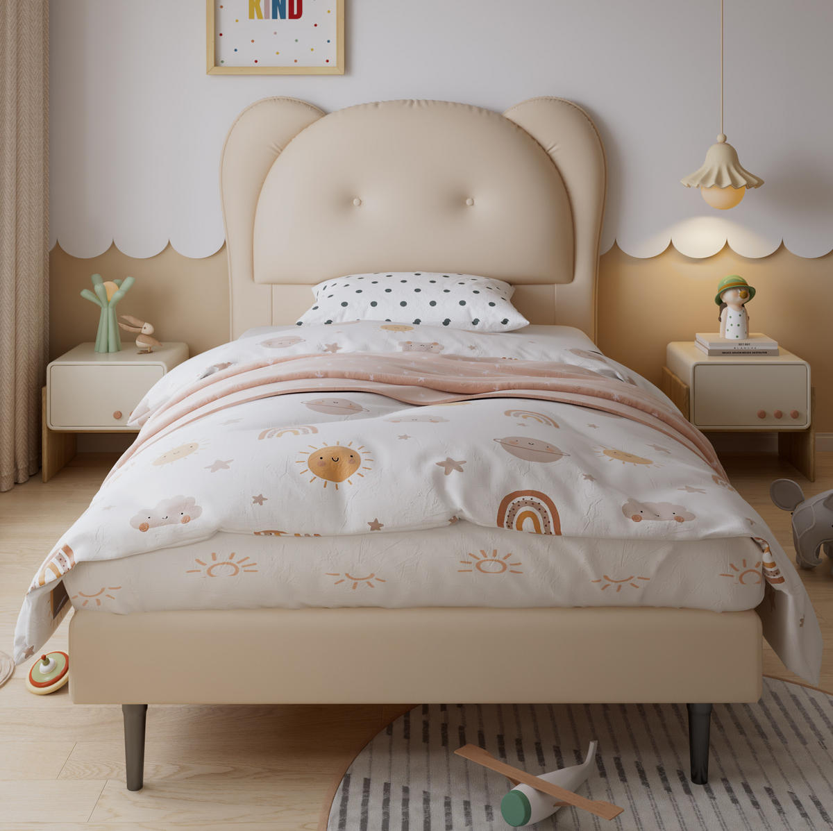 KINDERBETT 90/200 cm mit tierförmigem Kopfteil, stabilem Lattenrost und Eisenrahmen, PU, Beige - Beige, Kunststoff (90/200cm) - Redom