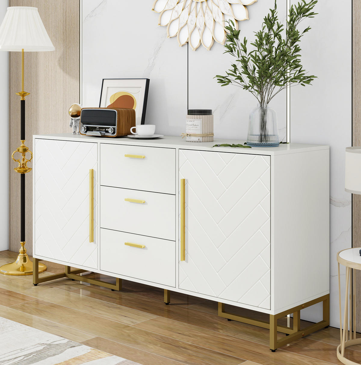 SIDEBOARD mit 2 Türen, 3 Schubladen und verstellbaren Einlegeböden im Fischgrät-Design, Weiß - Weiß, Holzwerkstoff (145/75/40cm) - Redom