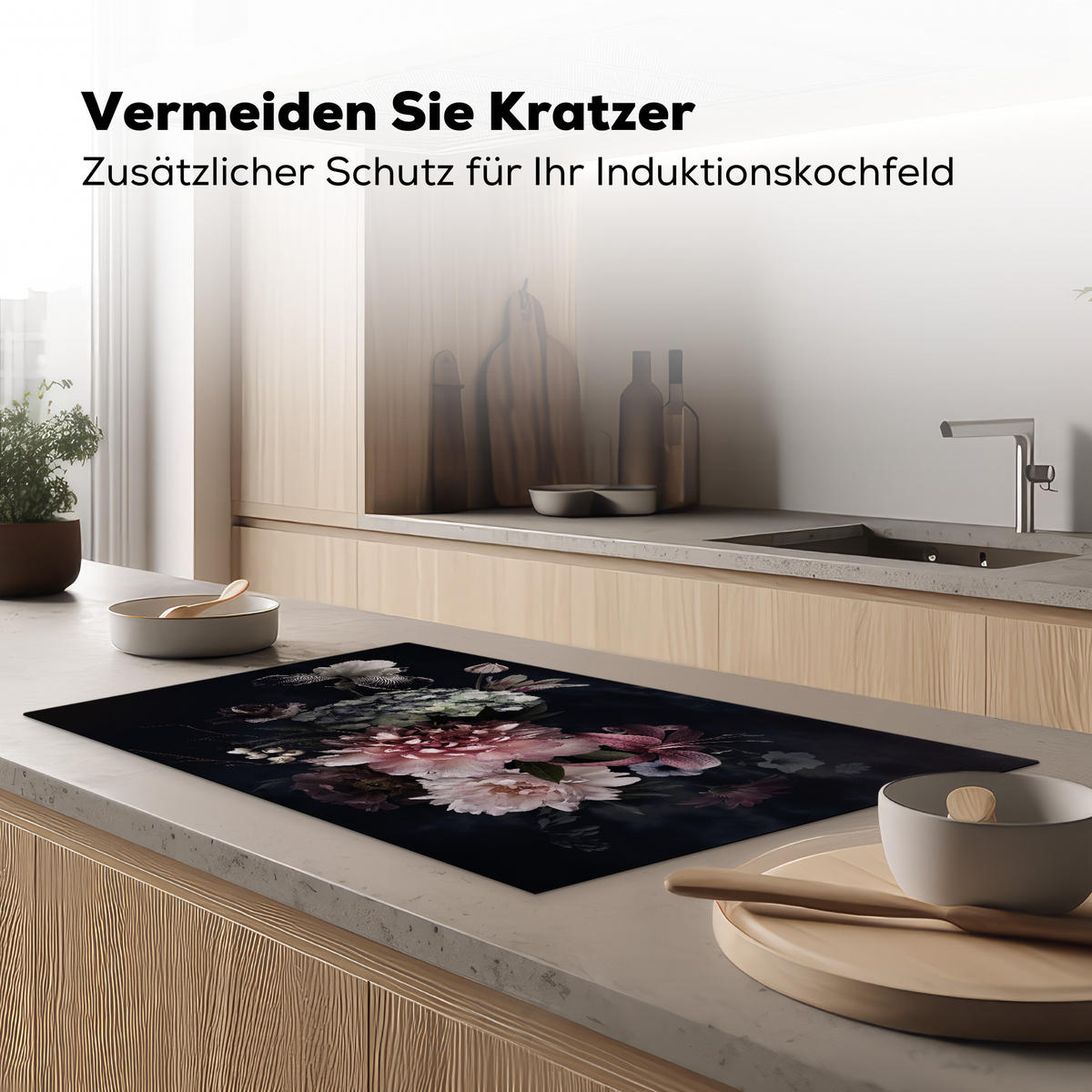 HERDABDECKPLATTE Blumen - Vintage - Pastell - Rosa - Weiß Induktionsschutz 89.6x51.6 cm - Altrosa, Kunststoff (89.6/51.6/0.2cm) - MuchoWow