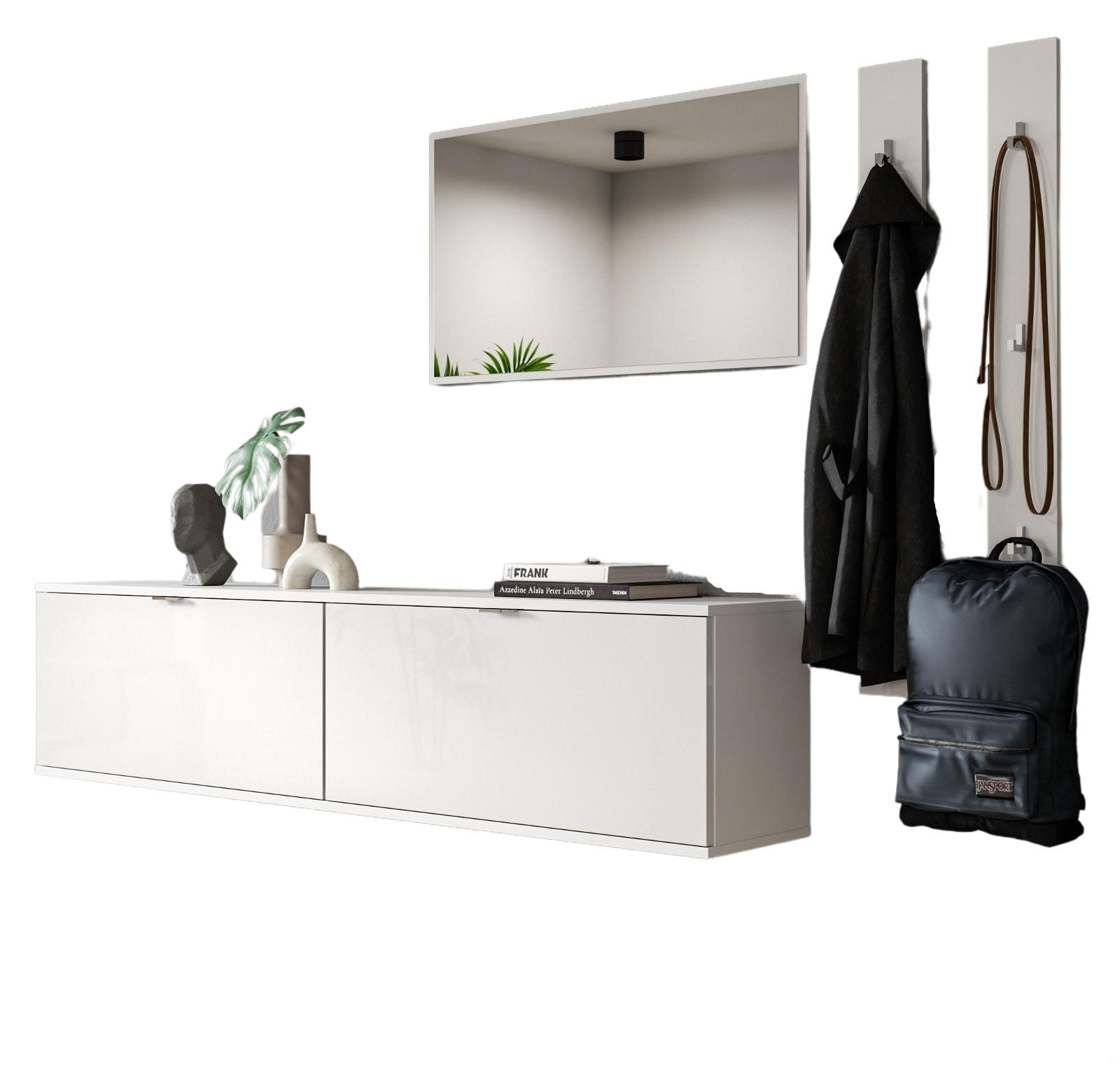 GARDEROBE Set 5-teilig weiß Hochglanz 238 cm, Garderobenkombination hängend - Chromfarben/Weiß Hochglanz, Glas/Holzwerkstoff (238/193/34cm) - Inn.Furn