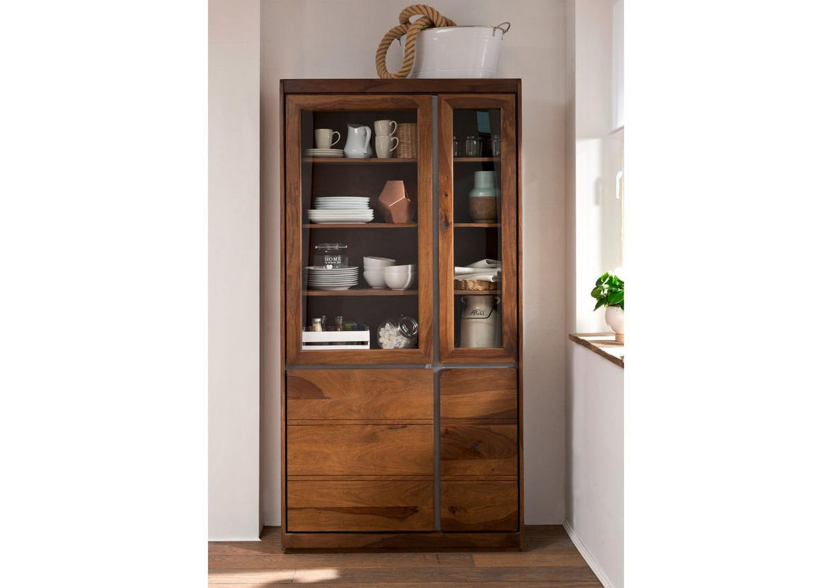 VITRINE Sheesham 102x40x205 noble unique lackiert SYDNEY #101 - Braun, Holz (102/205/40cm) - Massivmoebel24