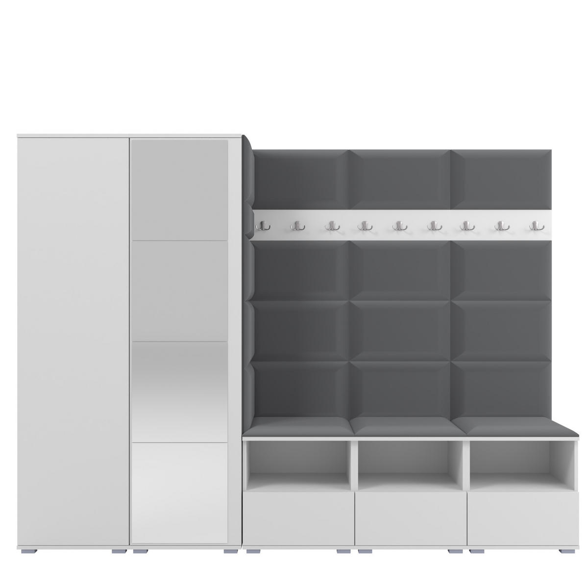 GARDEROBE NELA VII 250 cm (Modulare Flurmöbel XL Weiß mit Spiegel & Sitzpolster Dunkelgrau 15 Universell) - Dunkelgrau/Silberfarben, Holz/Holzwerkstoff (250/187/40cm) - Ravio