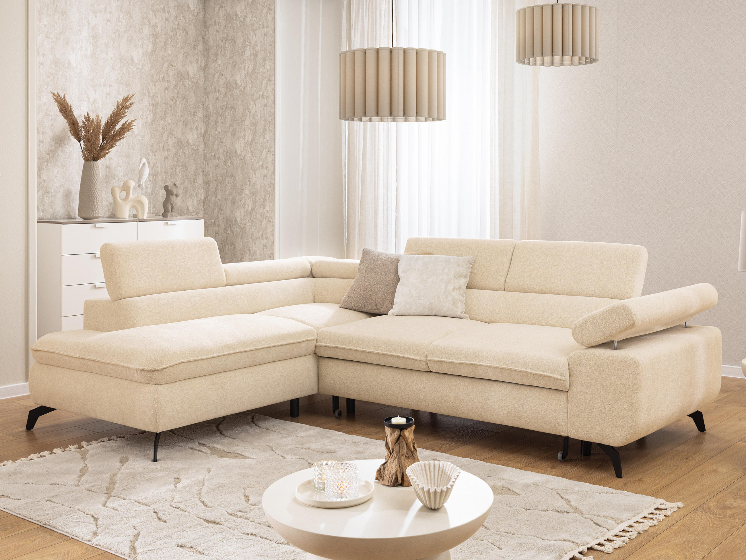 ECKSOFA mit Schlaffunktion und Bettkasten Bonnie aus Hellbeige Chenille-Stoff mit verstellbaren Kopfstützen und Armlehne - Ottomane links - Beige/Schwarz, Holz/Textil (275/210cm) - S-Style Möbel