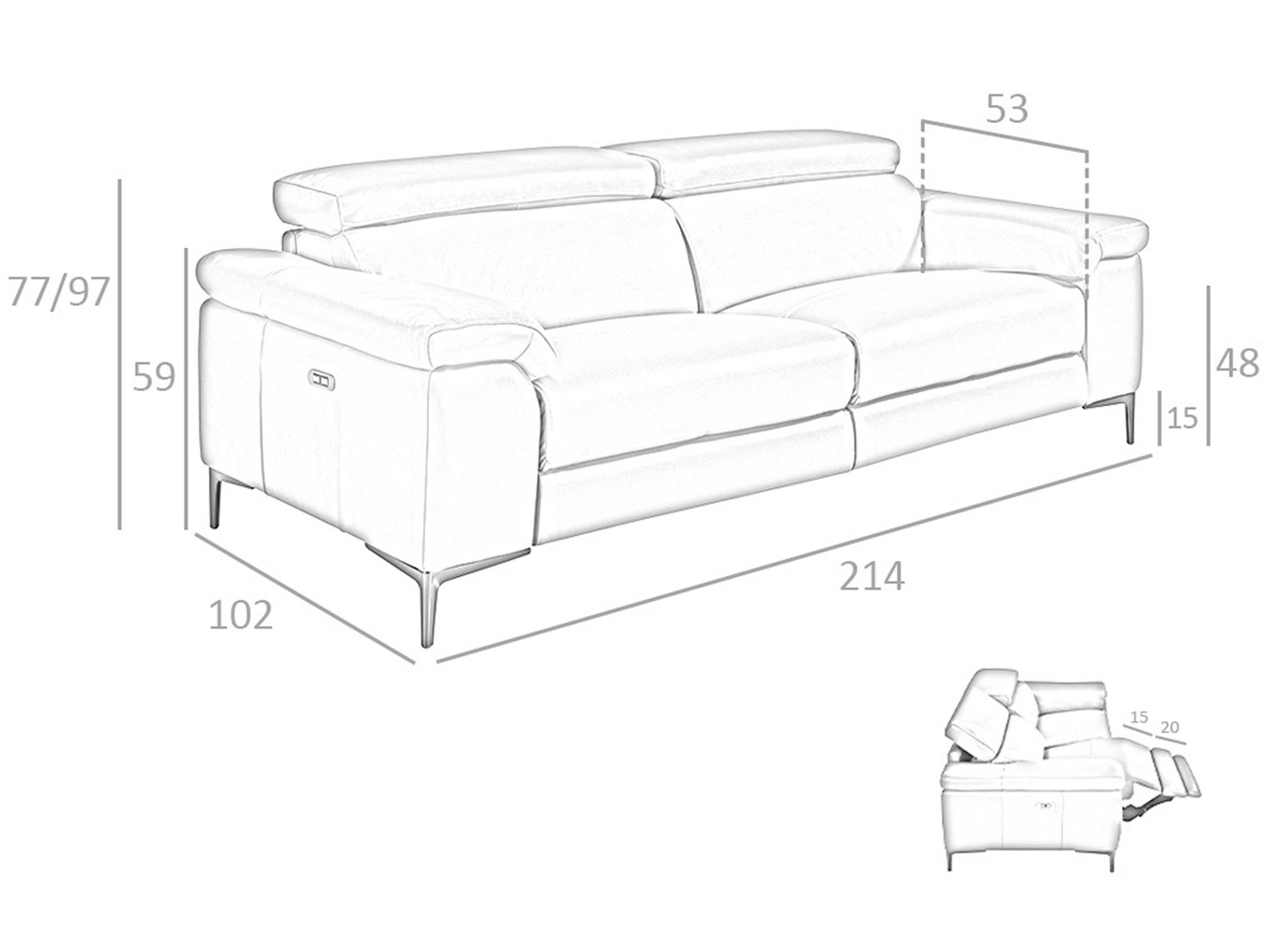 SOFA 3-SITZER Dunkelgrau Dunkler Stahl 214/102/97 cm - Dunkelgrau/Grau, Leder (214/97/102cm) - ANGEL CERDA