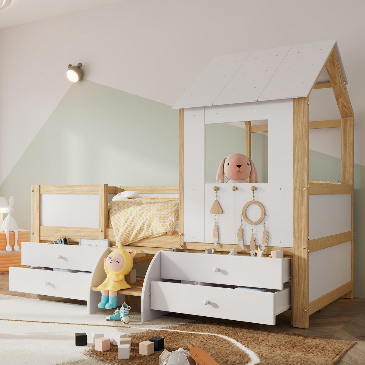 HAUSBETT 90/200 mit Dach, 4 Schubladen und kleiner Treppe in Weiß und Natur - Weiß/Naturfarben, Holzwerkstoff (90/200cm) - EVRYAE