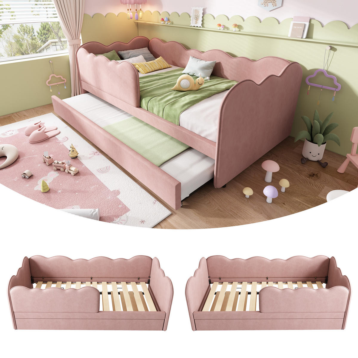 KINDERBETT 90/190 cm & 90/190 cm in Rosa Samt mit Ausziehbett und Lattenrost - Rosa, Holzwerkstoff/Textil (90/190cm) - WISHDOR