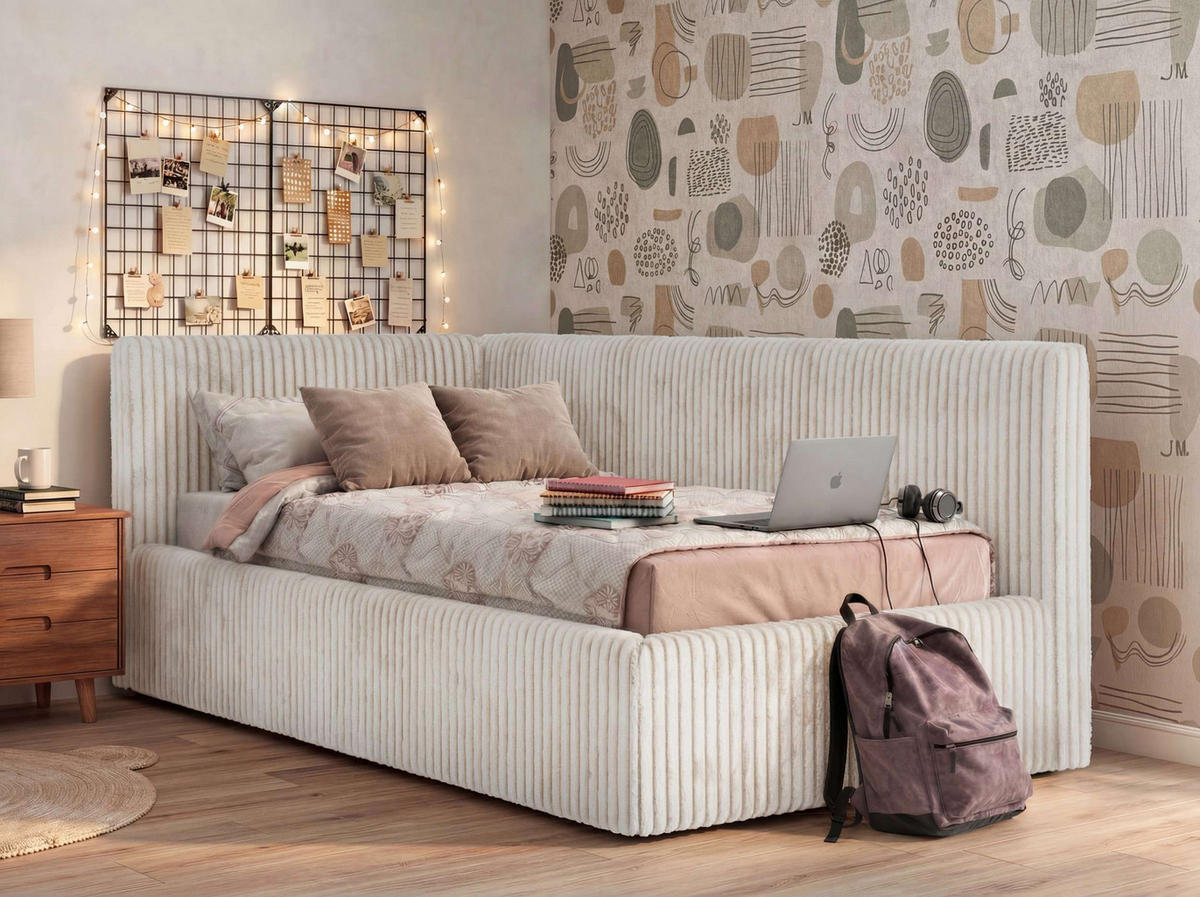 POLSTERBETT TILVO 90/200 - Beige Cord - Taschenfederkernmatratze - Links - Beige, Textil (90/200cm) - MKS