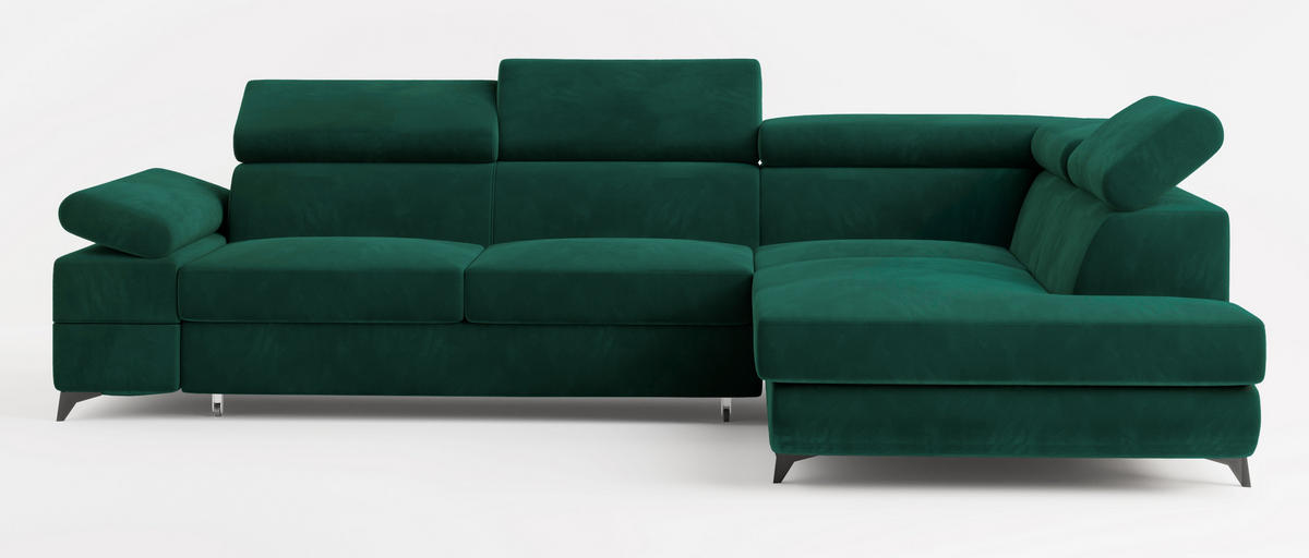 ECKSOFA FAVIEN R-S Grün Velours-Stoff mit Schlaffunktion - Grün, Holz (257/190cm) - MASSENO