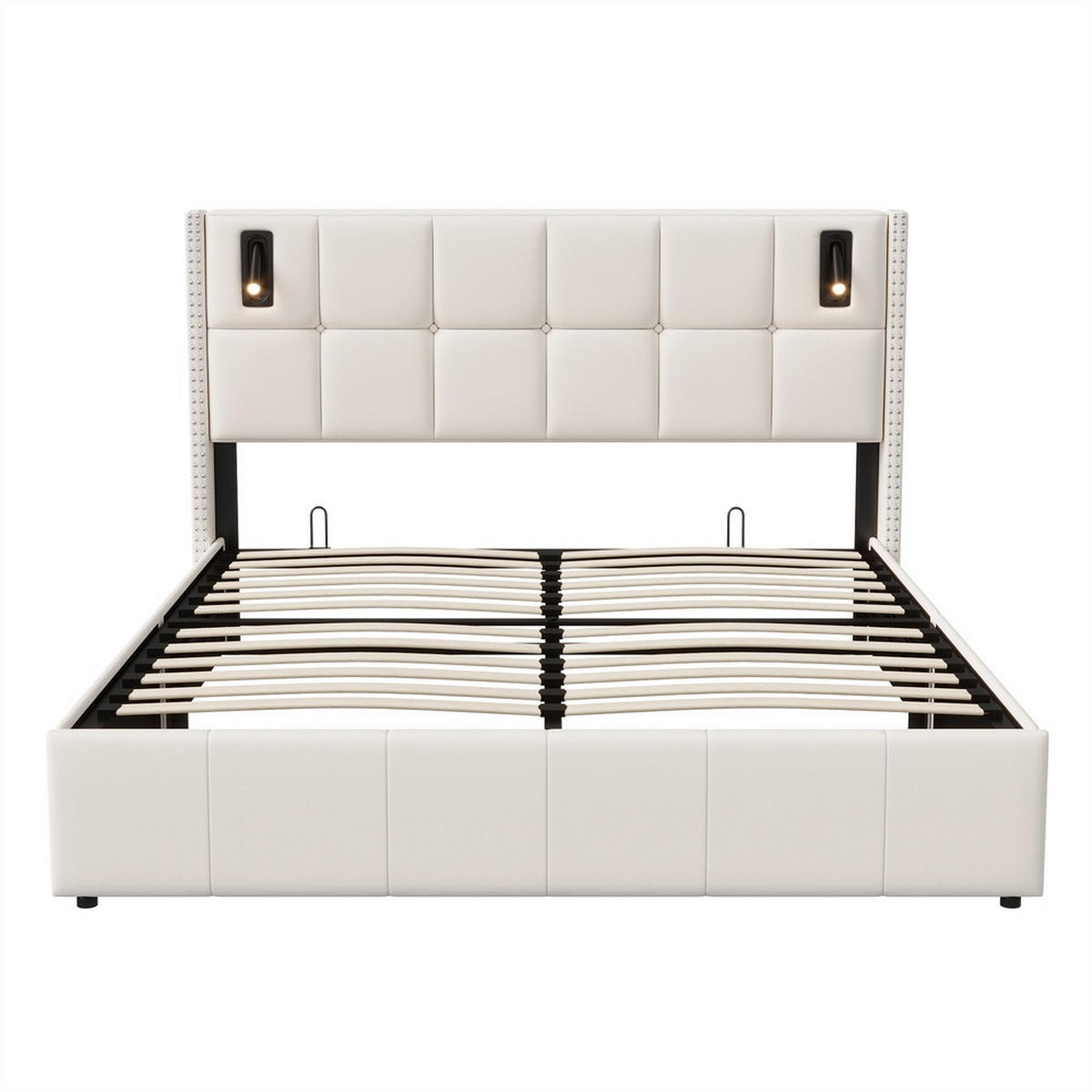 POLSTERBETT 140x200 cm - mit integrierten LED-Leseleuchten und hydraulischer Hebefunktion - ohne Matratze - Beige - Beige, Textil (140/200cm) - DELFA