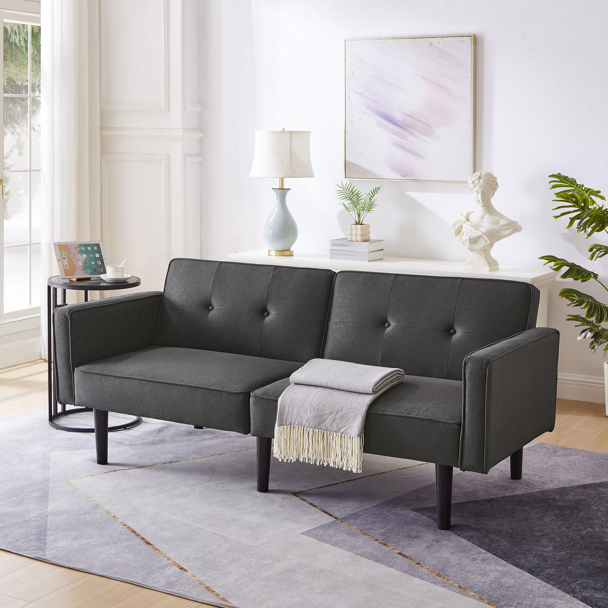 SCHLAFSOFA 2-in-1 mit unabhängig verstellbaren Rückenlehnen Baumwoll-Leinen Antique Black 160/90/42 cm - Schwarz, Kunststoff (176/74/76cm) - OKWISH