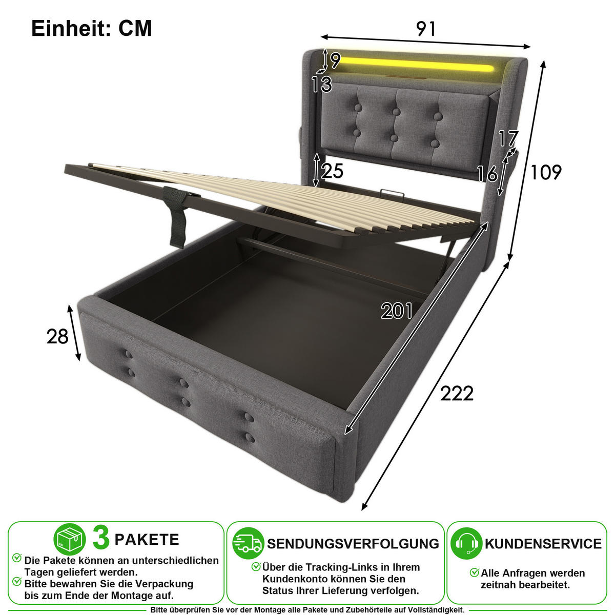 ČALOUNĚNÁ POSTEL 90/200 cm v šedé barvě s LED, USB-C a úložným prostorem - šedá, kov/kompozitní dřevo (90/200cm) - CHICFURN