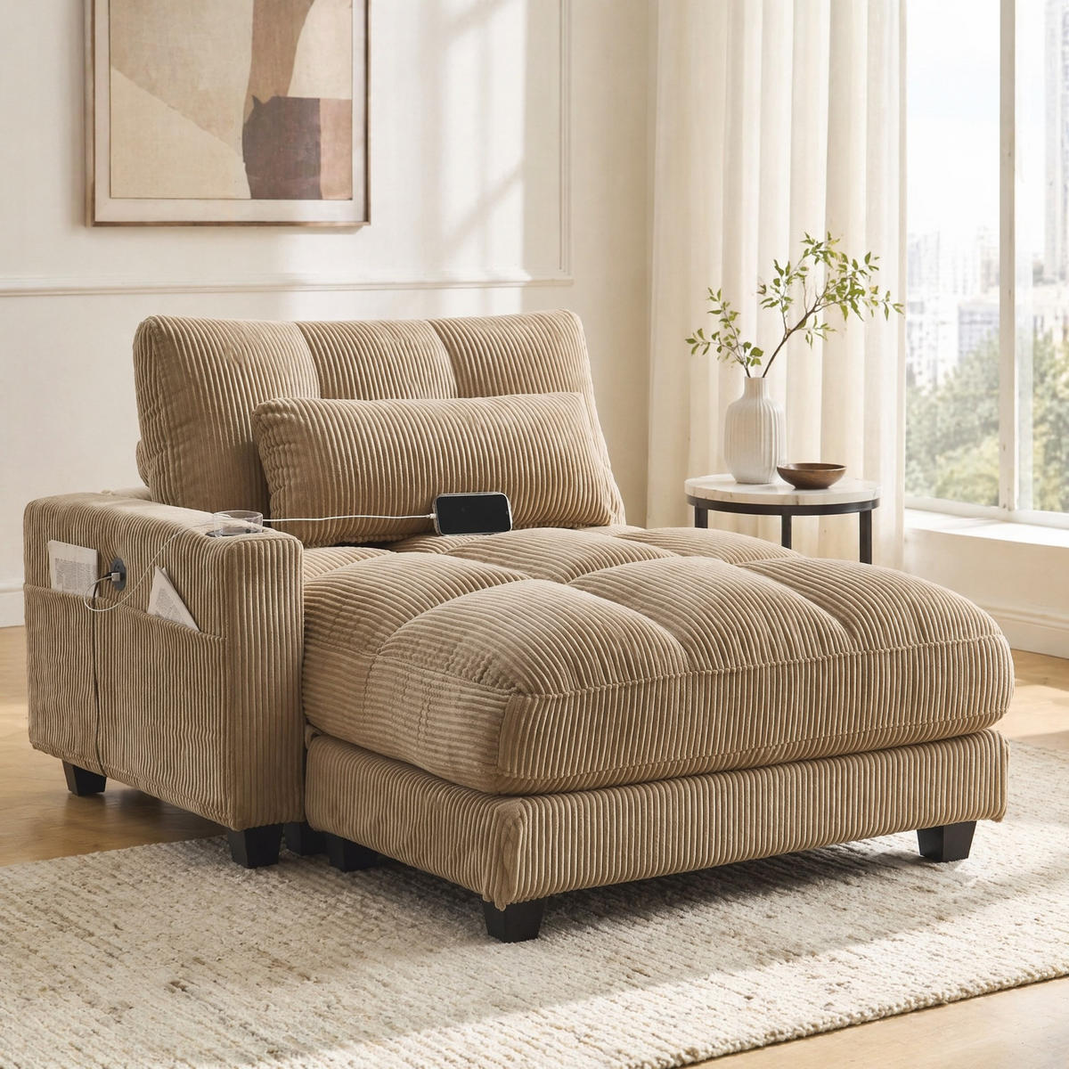 SESSEL 1-Sitzer in Greige aus Cord 140/112/81 cm mit USB - Greige/Schwarz, Holzwerkstoff/Kunststoff (112/81/140cm) - CHICFURN