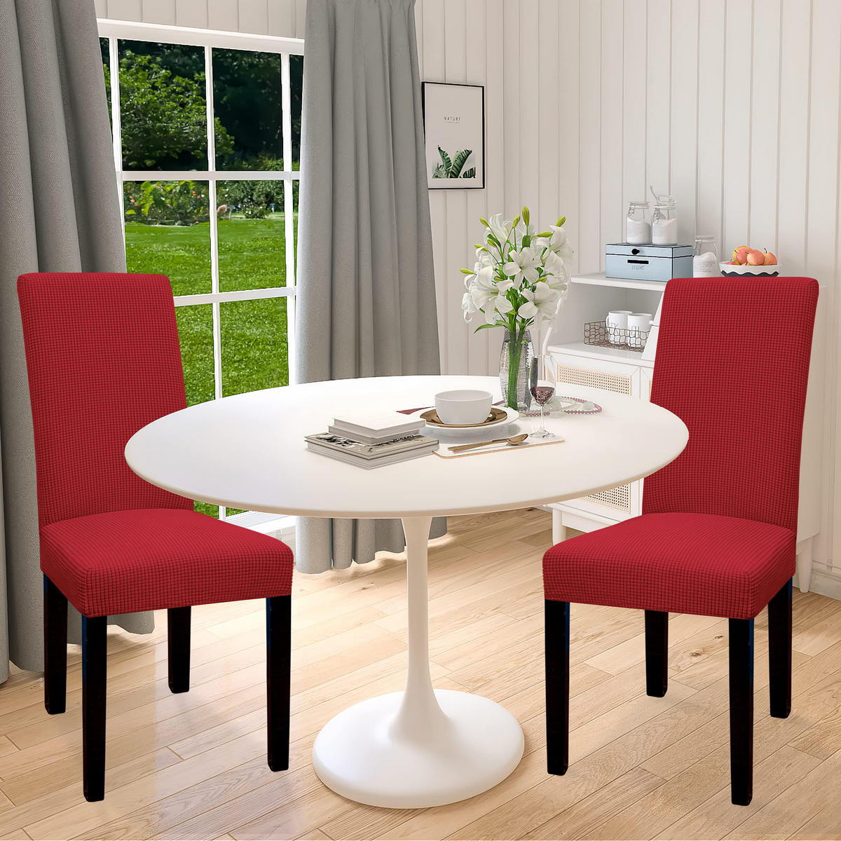 STUHLHUSSE wasserdichte Stretch-Jacquard Burgunderrot 4er-Set - Weinrot, Textil (38/47cm) - Kaket