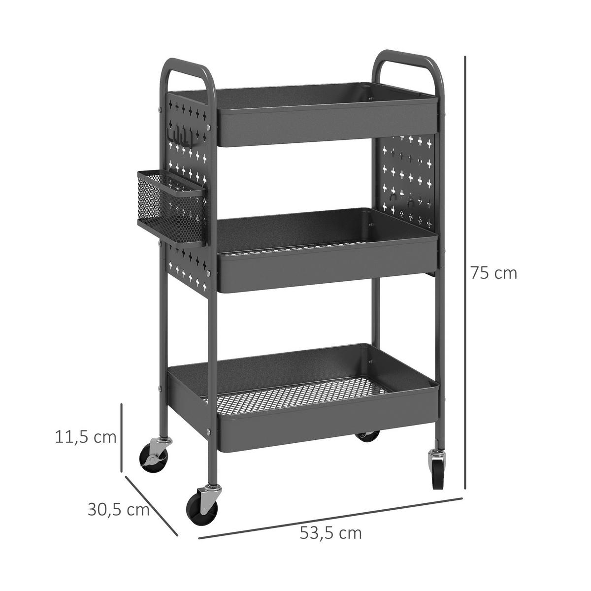 ROLLWAGEN, Servierwagen Aufbewahrungswagen mit 3 Etagen für Küche, Dunkelgrau - Dunkelgrau, Metall (30.5/75/53.5cm) - HOMCOM