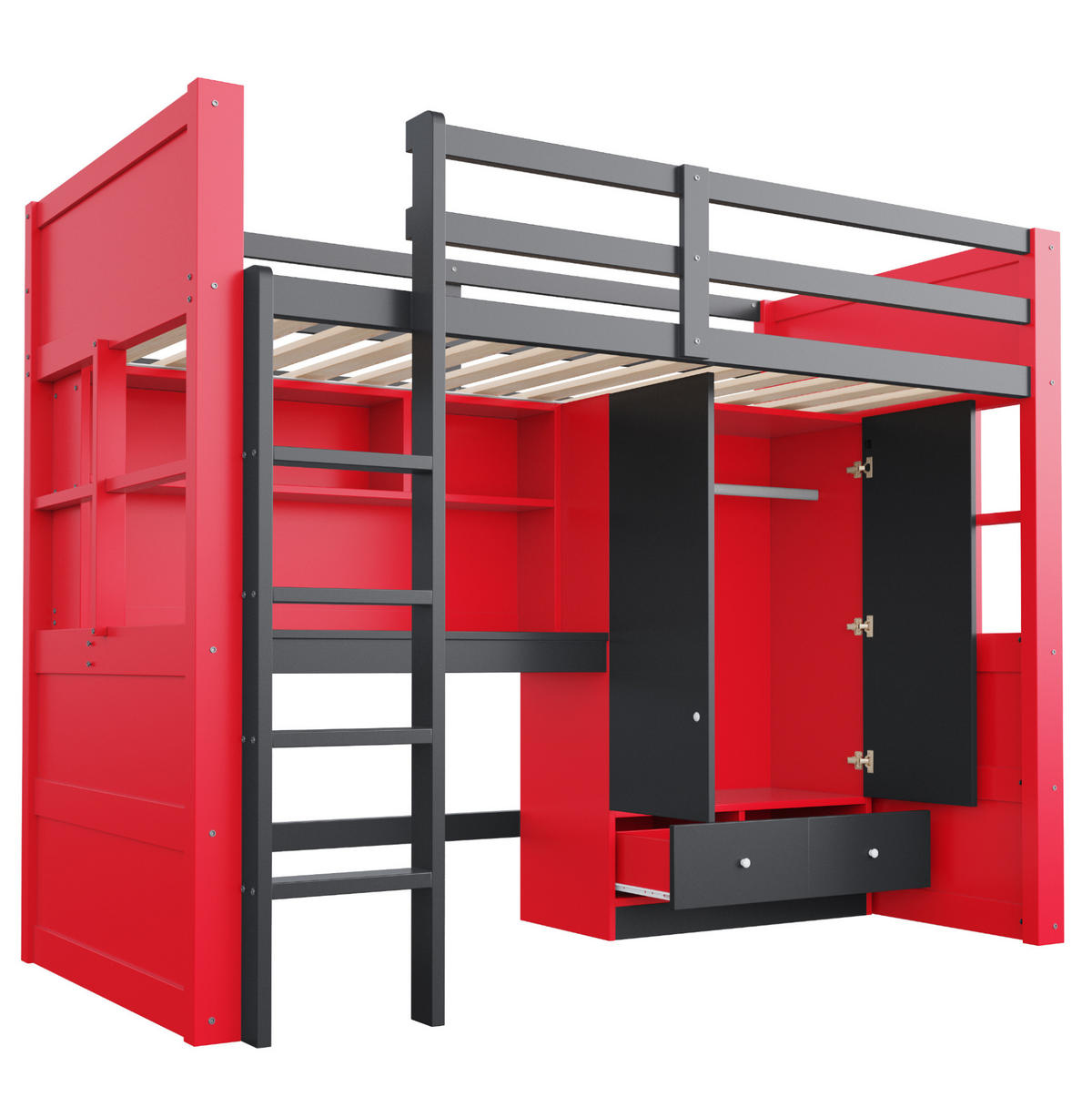 HOCHBETT 90x200 cm in Schwarz-Rot mit Schreibtisch, Kleiderschrank und LED-Beleuchtung - Schwarz, Holz (90/200cm) - IVMEU