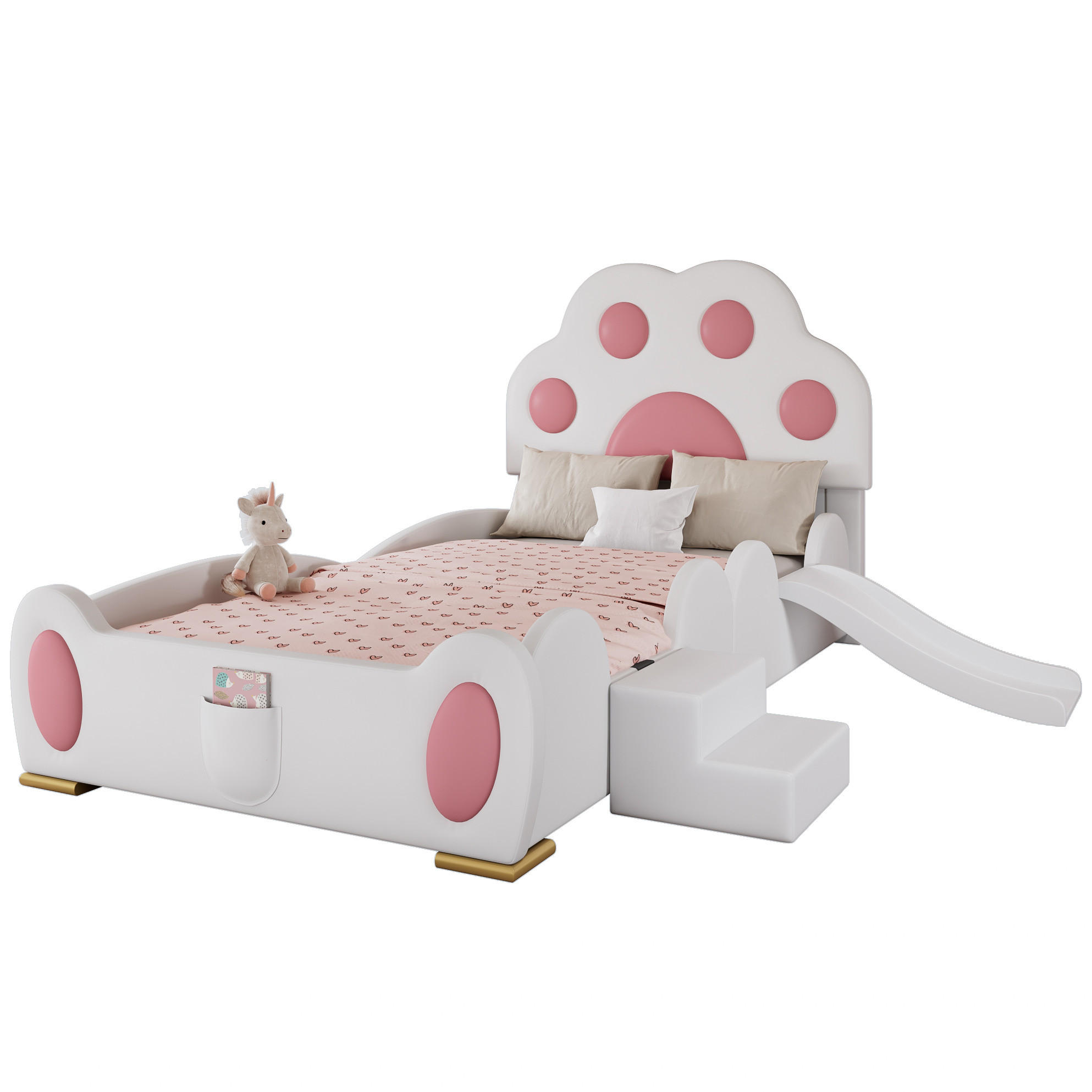 KINDERBETT 90/200 cm Weiß/Rosa aus PU mit Rutsche und Leiter - Pink, Kunststoff (90/200cm) - OKMYHOME
