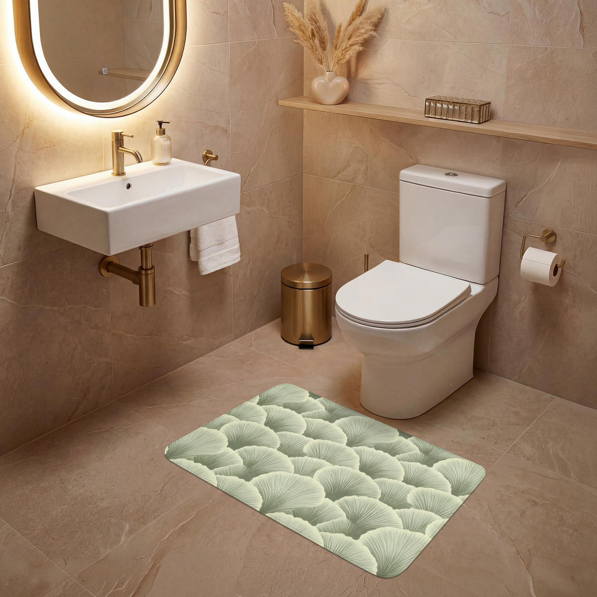 WC PŘEDLOŽKA Vějíř - list - zelený 80x50 cm - pastelově zelená, textil/plast (80/1cm) - OnlyWow