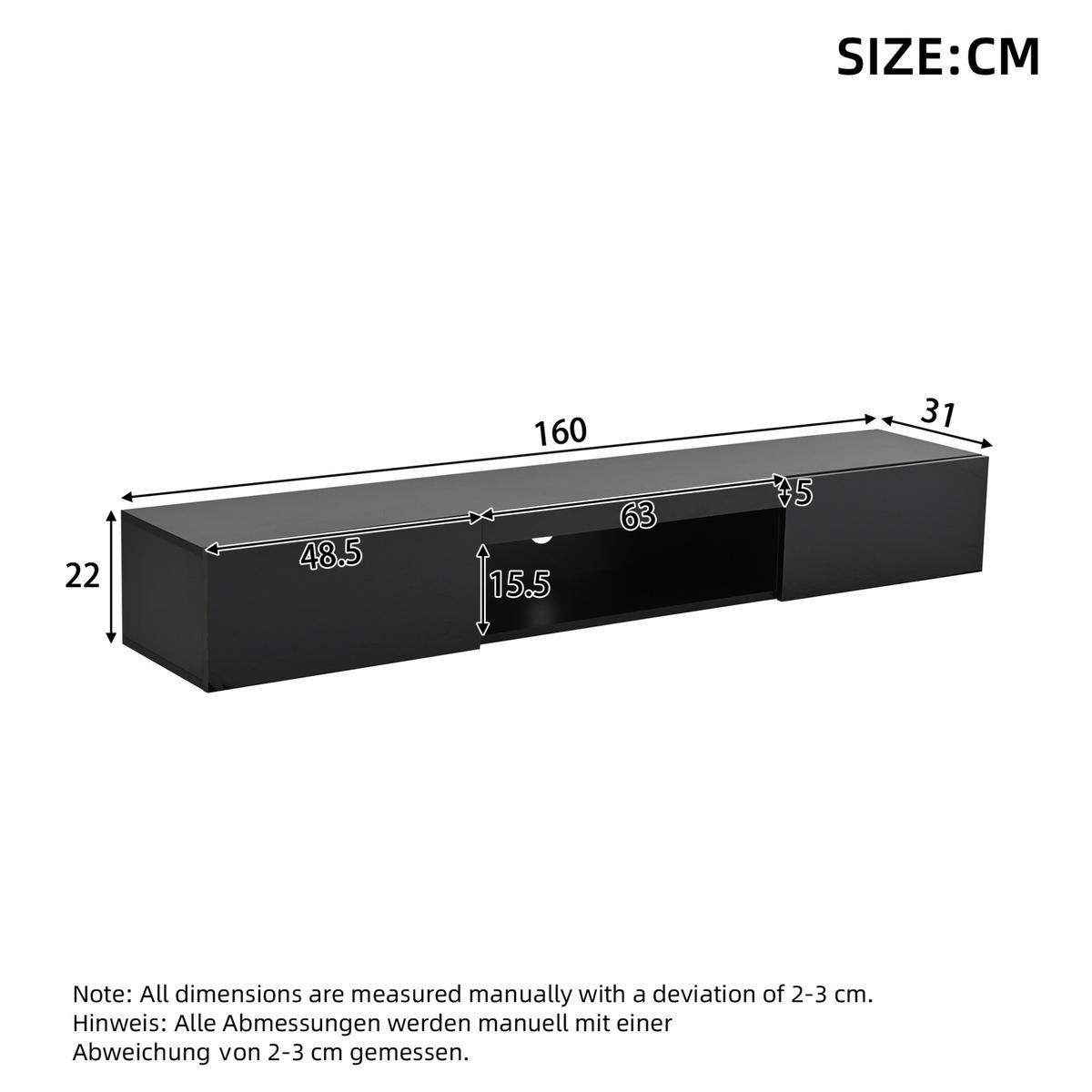 TV-ELEMENT wandhängend 160 cm Hochglanz Schwarz mit LED - Schwarz, Holzwerkstoff (31/22/160cm) - Beauniv