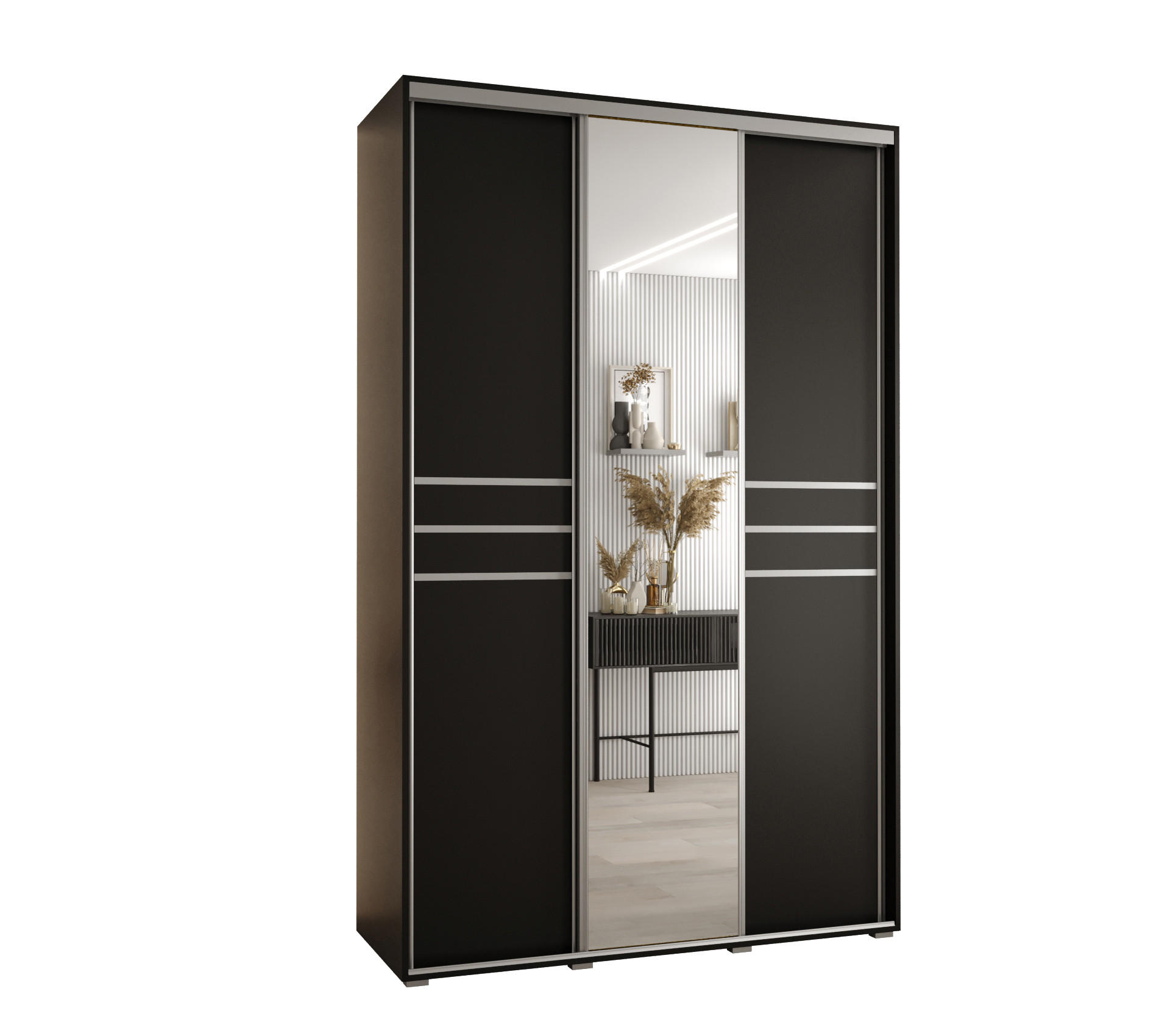 Abiks Möbel Schwebetürenschrank Schwarz, Schwarz, Silber 160x235x60 cm