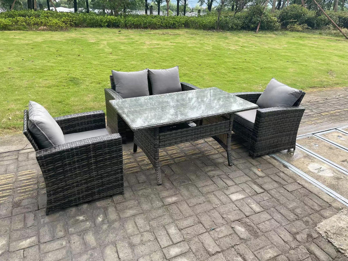 GARTENMÖBELGARNITUR Polyrattan Dunkelgrau 4-Sitzer - Dunkelgrau/Grau, Glas/Kunststoff - Fimous