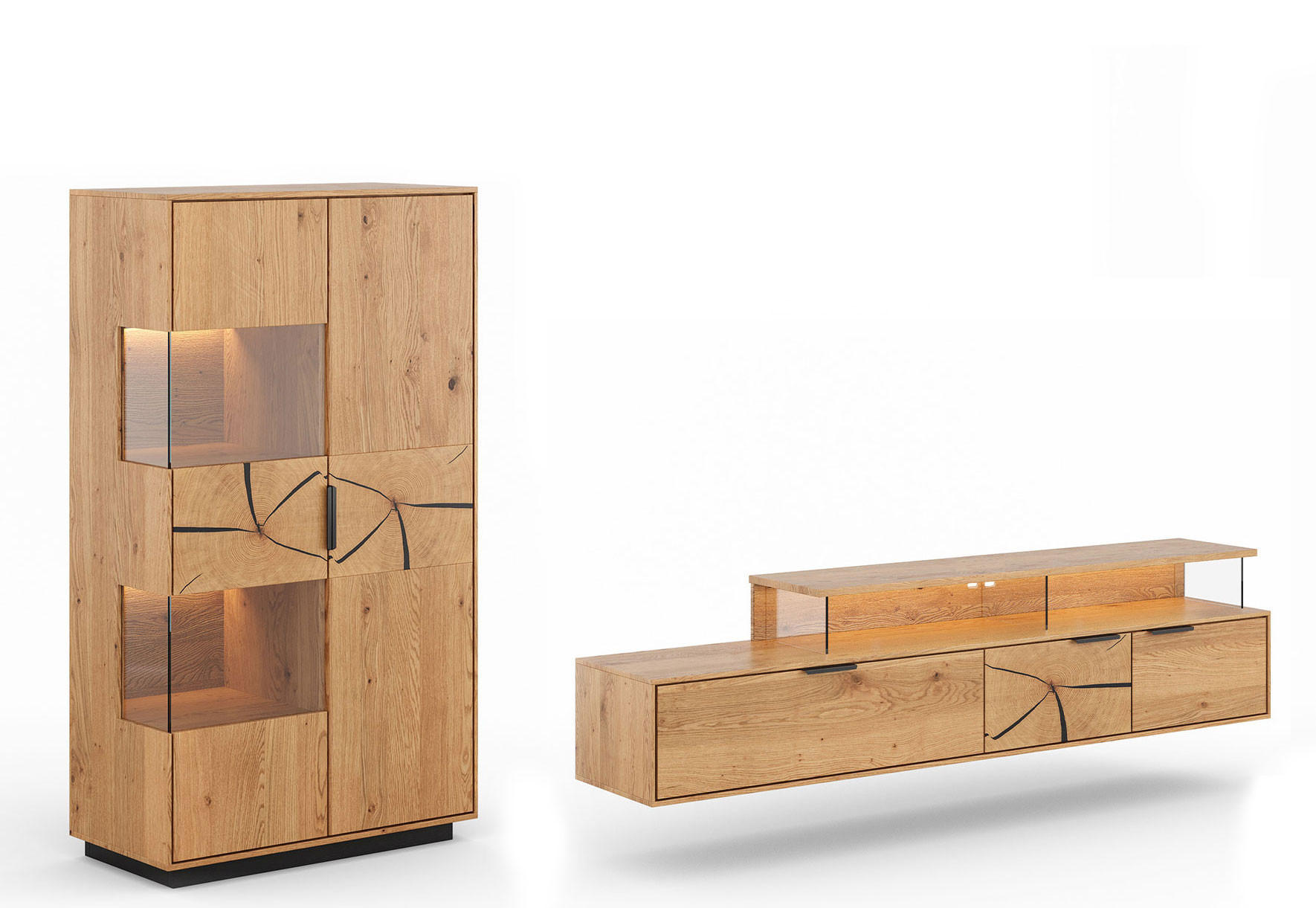 WOHNWAND Tirano 2er-Set Eiche Natur / Hirnholz - Eichefarben/Schwarz, Holz/Metall (283/147/39cm) - Feldmann-Wohnen