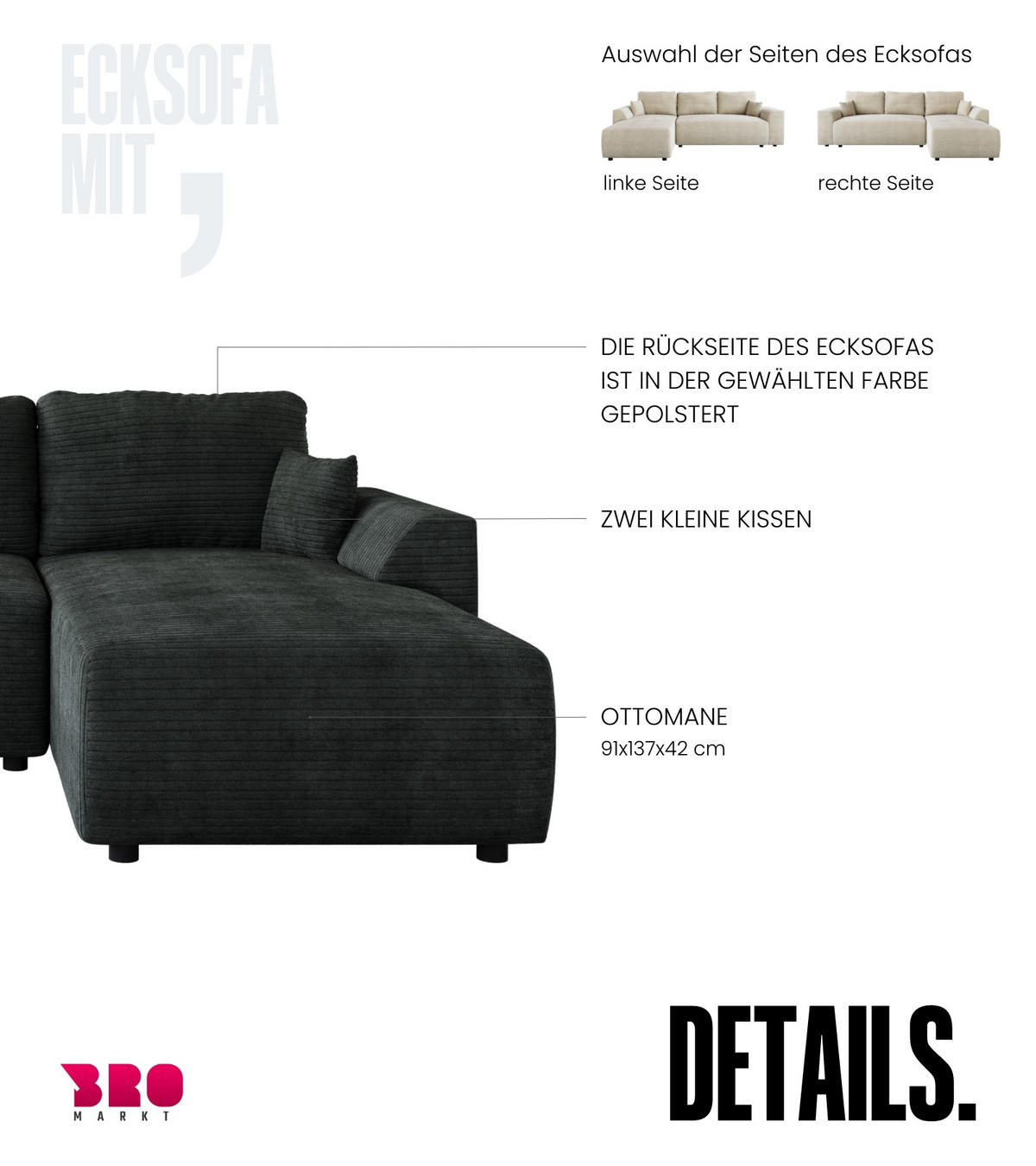 ECKSOFA Romeo mit Schlaffunktion Dunkelgrau - Dunkelgrau, Textil (285/185cm) - Bromarkt