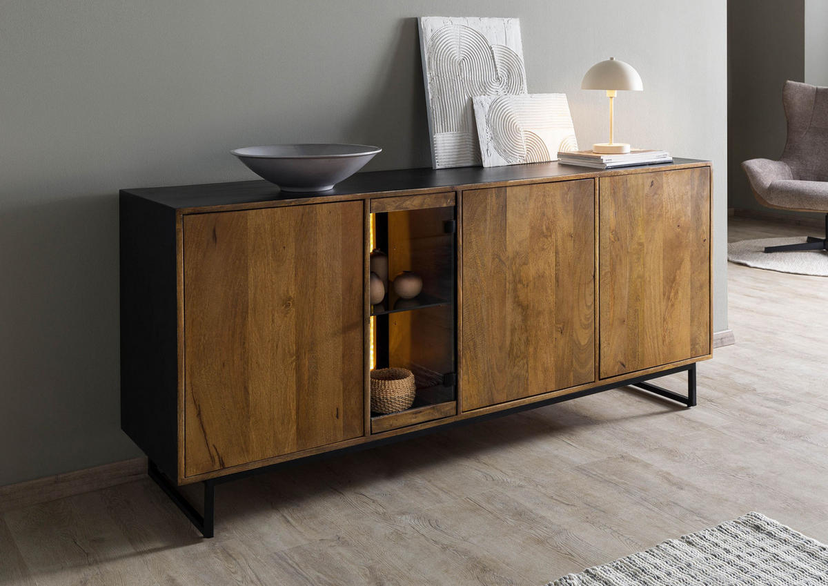 SIDEBOARD Mango / Altholz 180x47x81 schwarz / natur lackiert DAVIS #21 - Schwarz, Holz (180/81/47cm) - Massivmoebel24